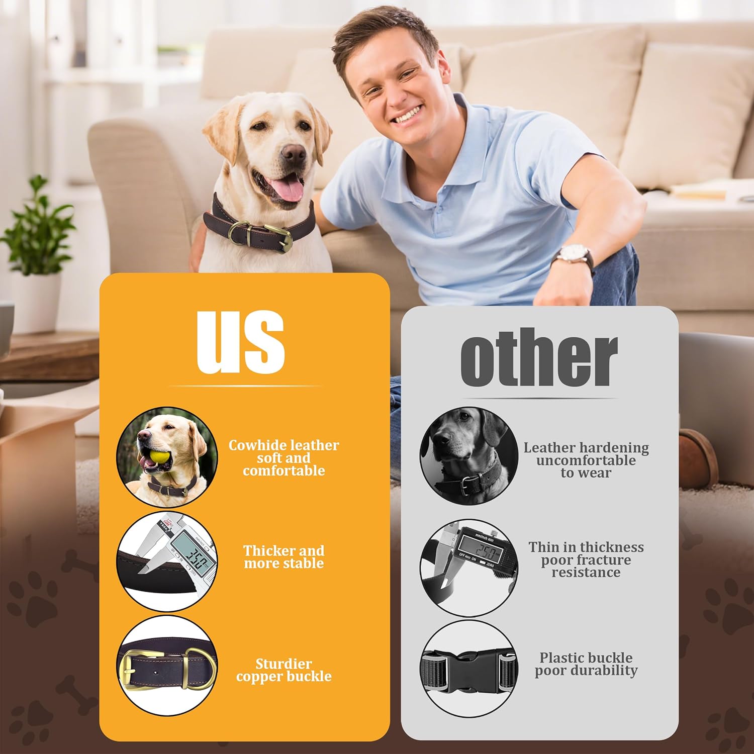 QRDA Brown Leather Dog Collar with Durable Brass Hardware Buckle and D Ring Adjustable Pet Collar for Small/Medium Dogs - Image 6