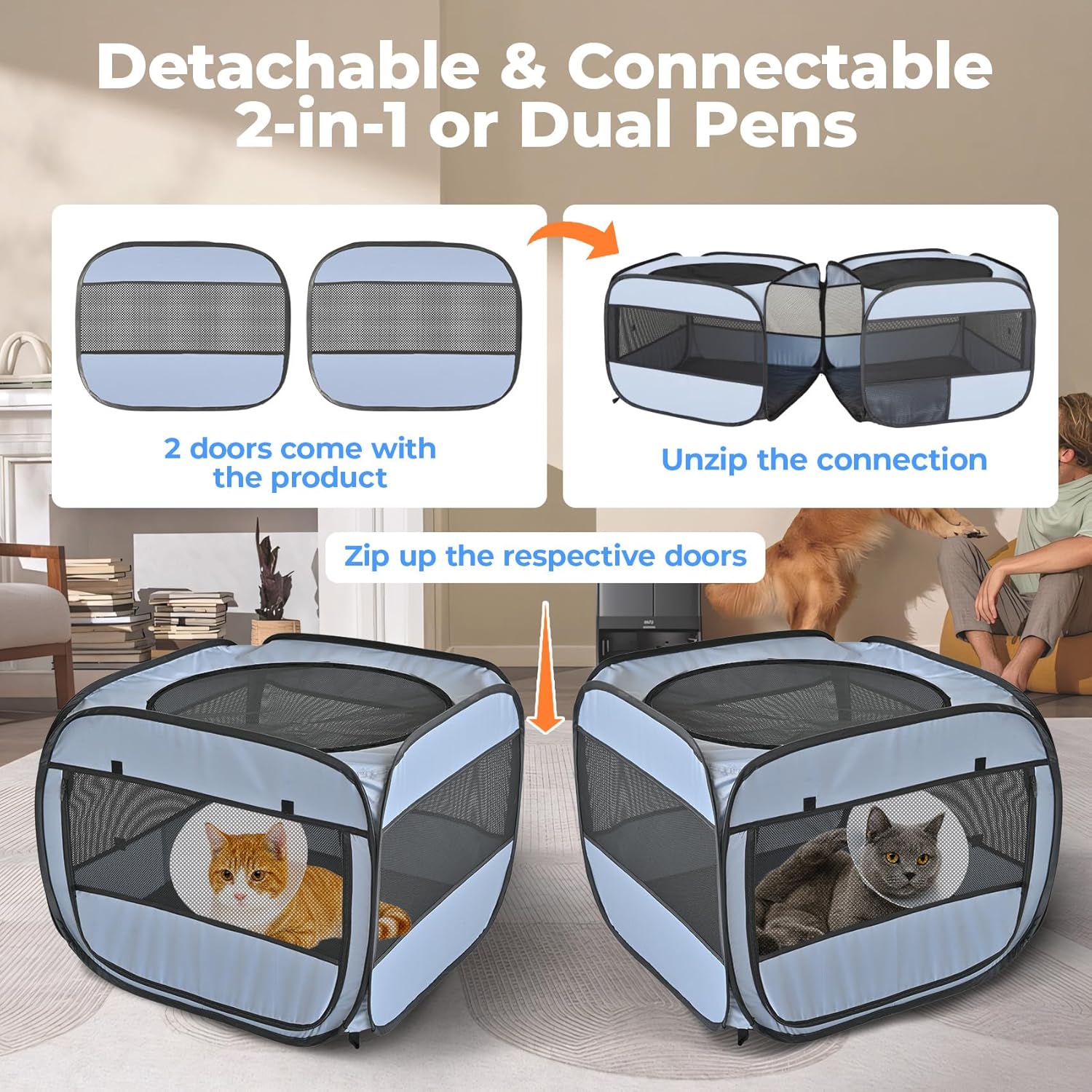 2-in-1 Pop Up Puppy Playpen, Detachable into 2 Separate Pens with Additional Doors, Assembly-Free Portable Cat Dog Crates Pet Pen Tent Kennel Kitten Enclosure Cage Indoor Outdoor Foldable Condo(L) - Image 3