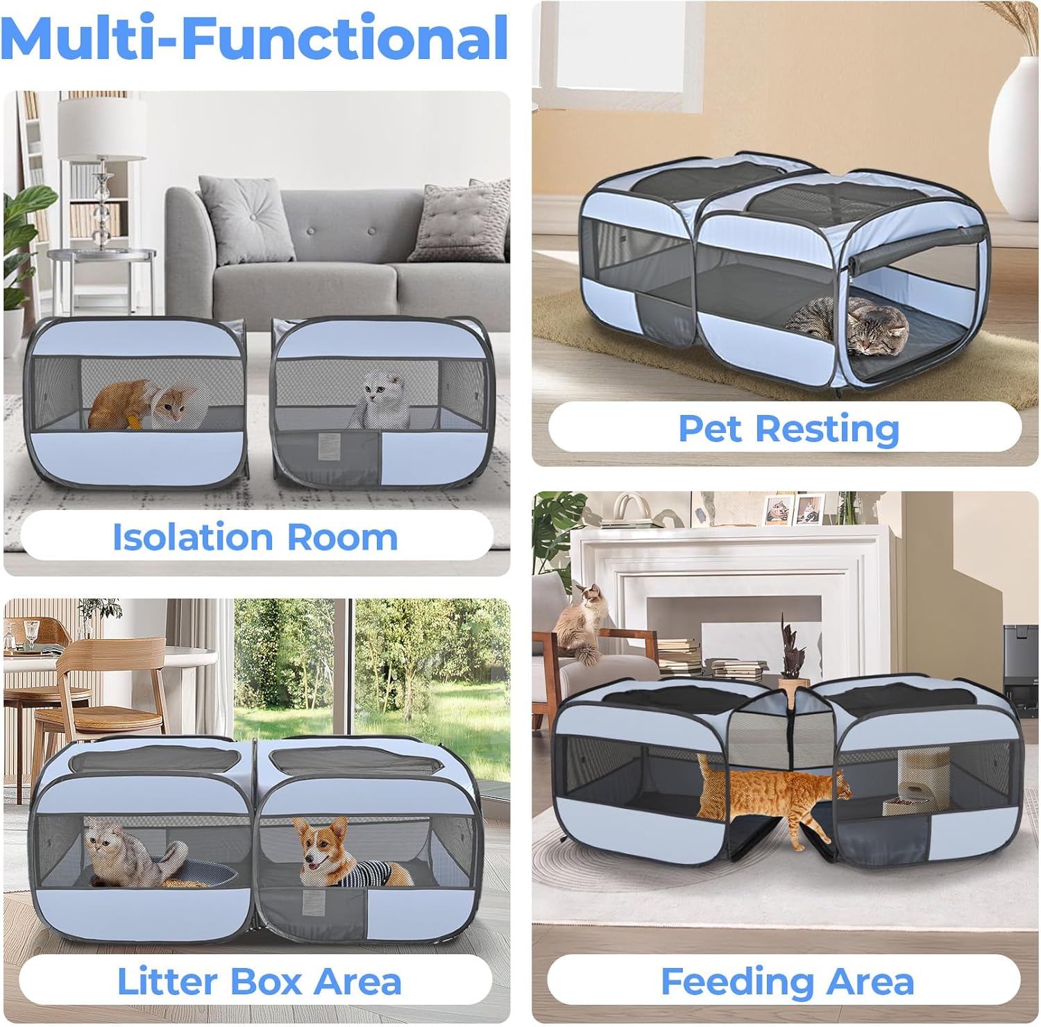 2-in-1 Pop Up Puppy Playpen, Detachable into 2 Separate Pens with Additional Doors, Assembly-Free Portable Cat Dog Crates Pet Pen Tent Kennel Kitten Enclosure Cage Indoor Outdoor Foldable Condo(L) - Image 6