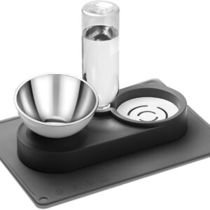 Marchul 2-in-1 Elevated Cat Bowl & Gravity Water Dispenser with No-Spill Mat, 15° Tilt Stainless Steel Dish + 500ml Leak-Proof Bottle, Easy Clean Design (Dry/Wet Food & Water)