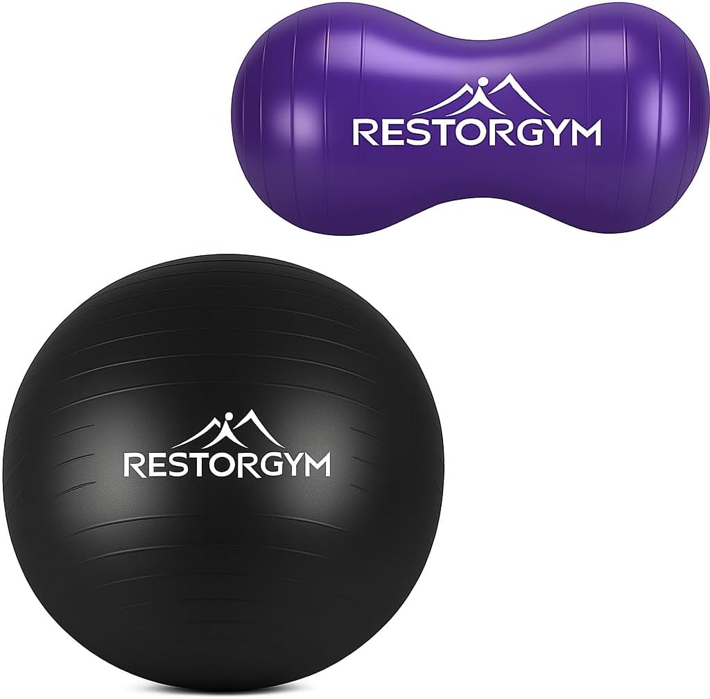 RESTORGYM Yoga Ball 55cm, 65cm, 75 cm & Peanut Ball 45-90 cm Set - Complete Yoga Ball for Pregnancy and Peanut Therapy Ball Bundle for Strength, Flexibility - Fitness Exercise & Balance Ball - Image 2