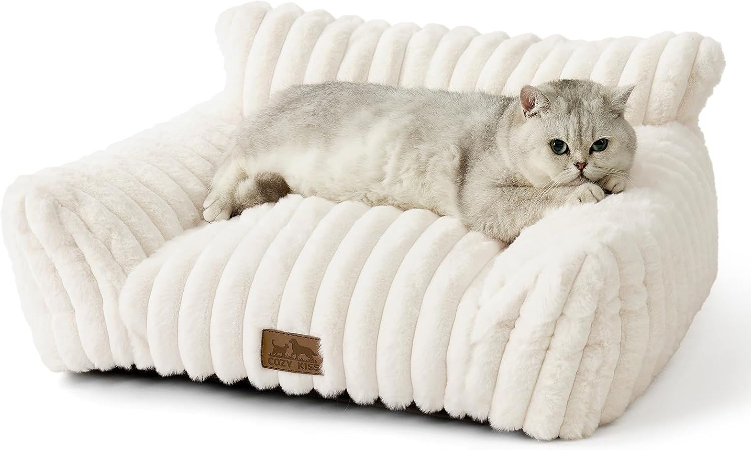 COZY KISS Cat Beds for Indoor Cats, Fluffy Cat Couch and Premium Faux Rabbit Fur Sofa Bed for Cats and Small Dogs, Ultra-Soft Supportive Pet Couch Furniture, 65x45 cm (Cream, Small) - Image 2