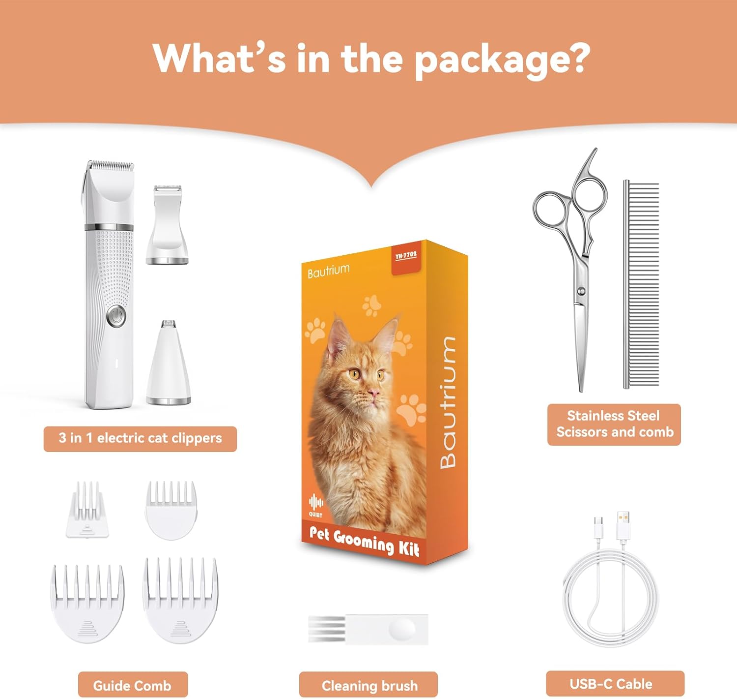 Bautrium Cat Grooming Clippers Kit with Paw Trimmer, 3 in 1 Electric Pet Hair Shaver Supplies for Thick Matted Hair, Heavy Coat Butt Cat Fur Razor for Dogs at Home - Image 7