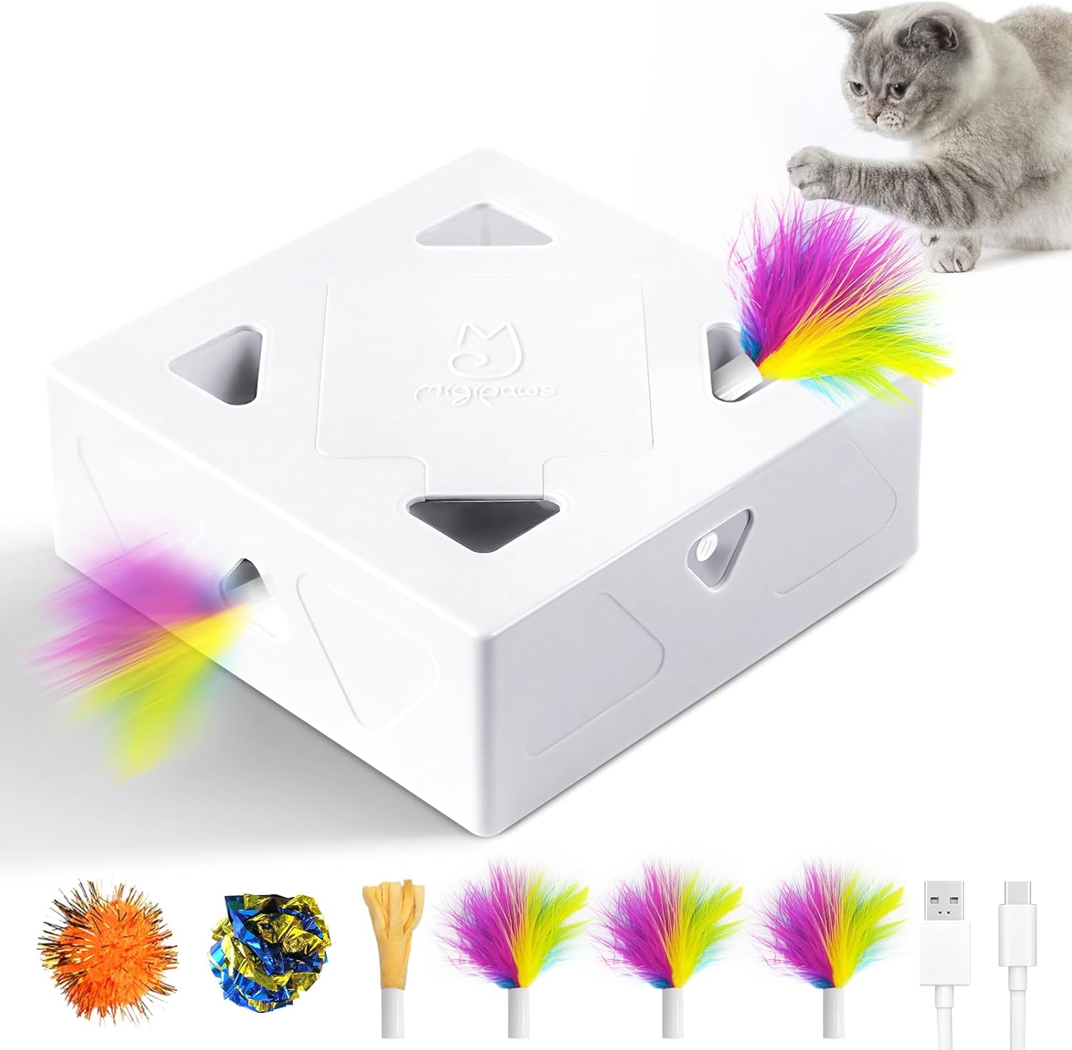 Interactive Cat Toys -Migibox for Indoor Bored Cats, Automatic Pop Out Feathers from 7 Holes Randomly, Motion Activated, USB Rechargeable (Purple Skin) - Image 2