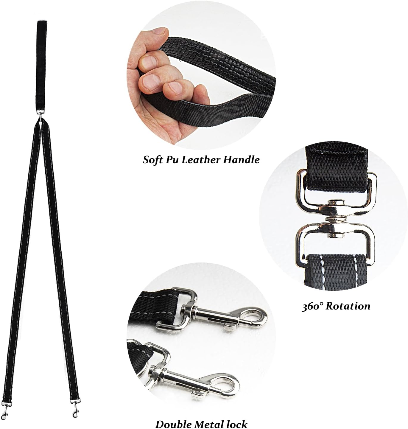 SevenFish Anti-Pull Dog Leash, No Tangle Adjustable Dog Lead with Soft Double Padded Handle, Heavy Duty Reflective Dog Leash for Large Medium Dogs Training and Walking, Black - Image 6