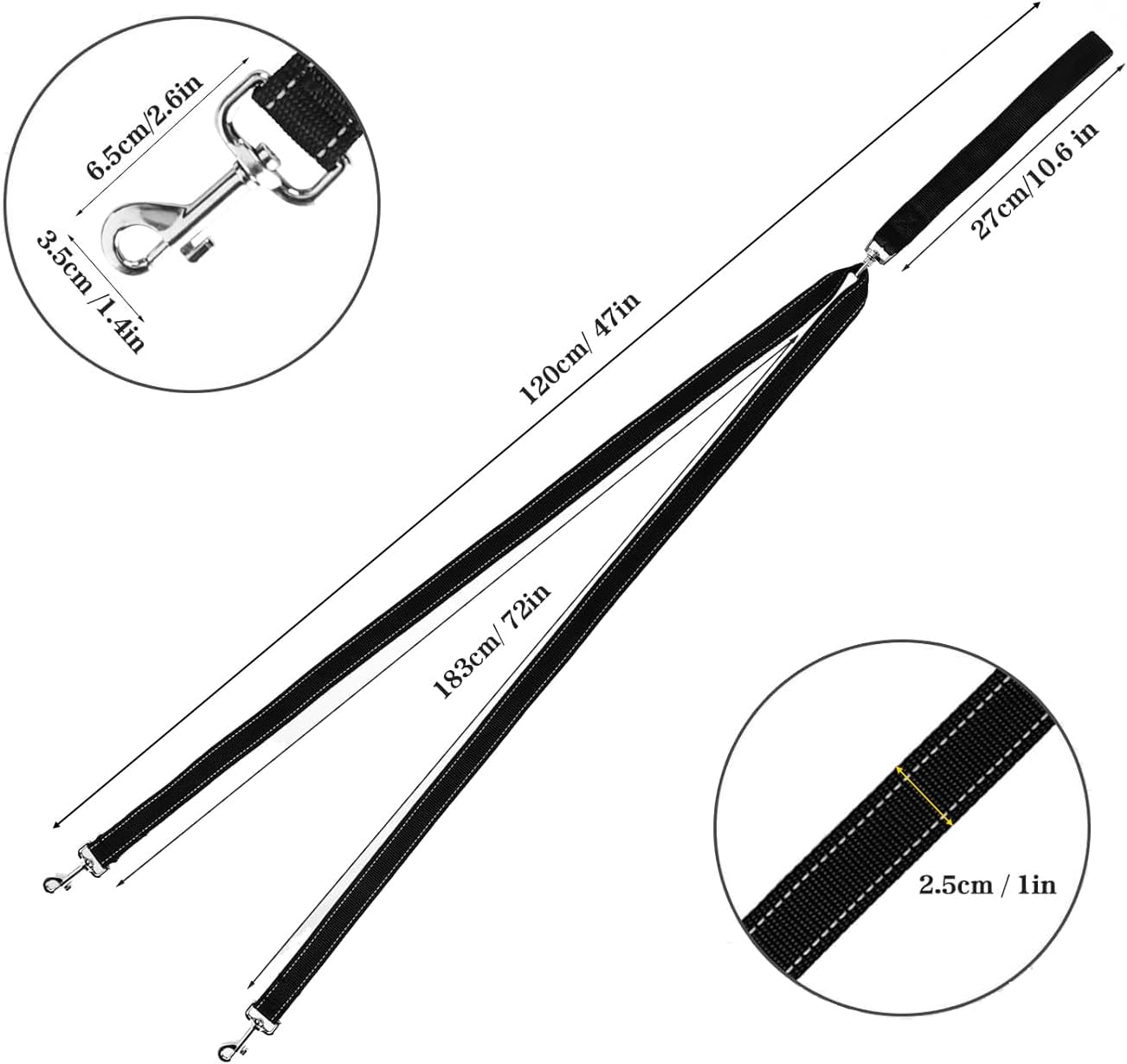 SevenFish Anti-Pull Dog Leash, No Tangle Adjustable Dog Lead with Soft Double Padded Handle, Heavy Duty Reflective Dog Leash for Large Medium Dogs Training and Walking, Black - Image 3