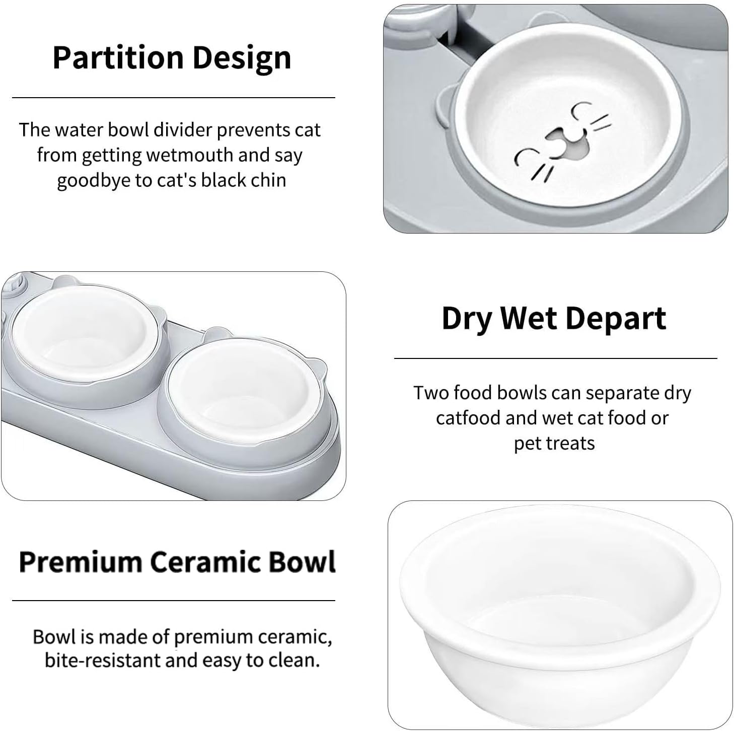 Marchul 3-in-1 Cat Bowl, Ceramic Food and Water Bowl Set, 15° Sloped Design, for Indoor Cats, Small Dogs, and Medium Dogs - Image 2