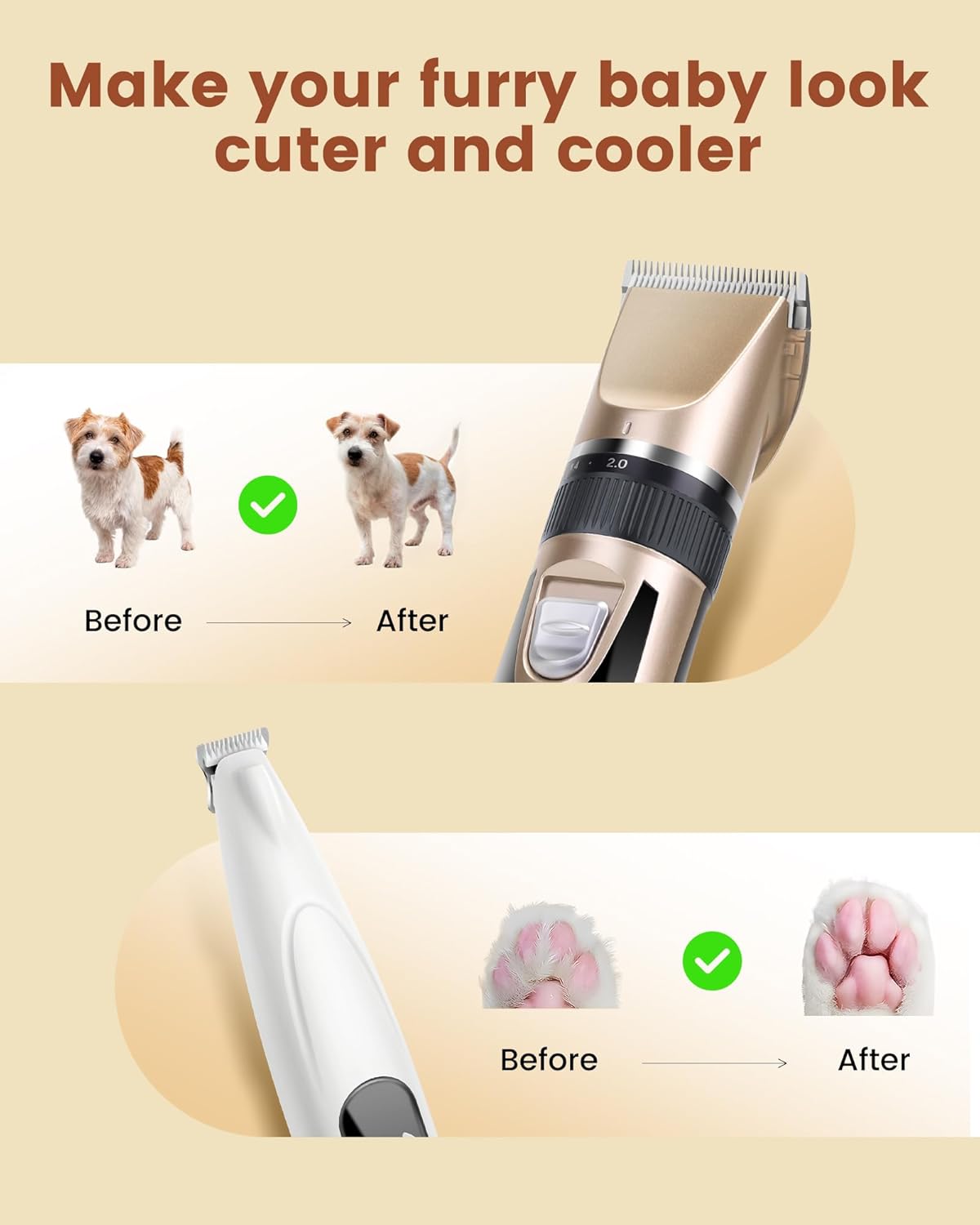 PAPMINI 2 in 1 Dog Grooming Kit, Low Noise Rechargeable Dog Clippers for Grooming, Cordless Pet Hair Clippers and Paw Trimmer, Pet Shavers for Small Dogs Cats Animals (Gold) - Image 5
