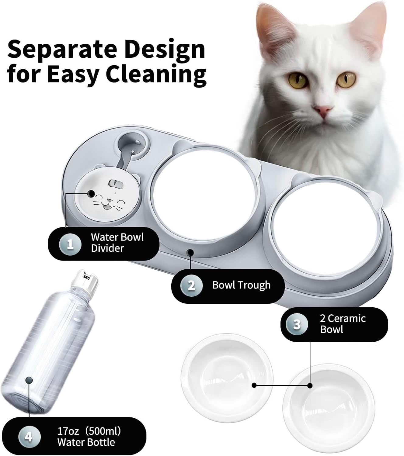 Marchul 3-in-1 Cat Bowl, Ceramic Food and Water Bowl Set, 15° Sloped Design, for Indoor Cats, Small Dogs, and Medium Dogs - Image 5