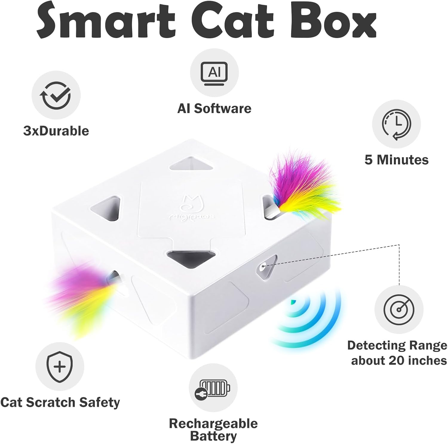 Interactive Cat Toys -Migibox for Indoor Bored Cats, Automatic Pop Out Feathers from 7 Holes Randomly, Motion Activated, USB Rechargeable (Purple Skin) - Image 3