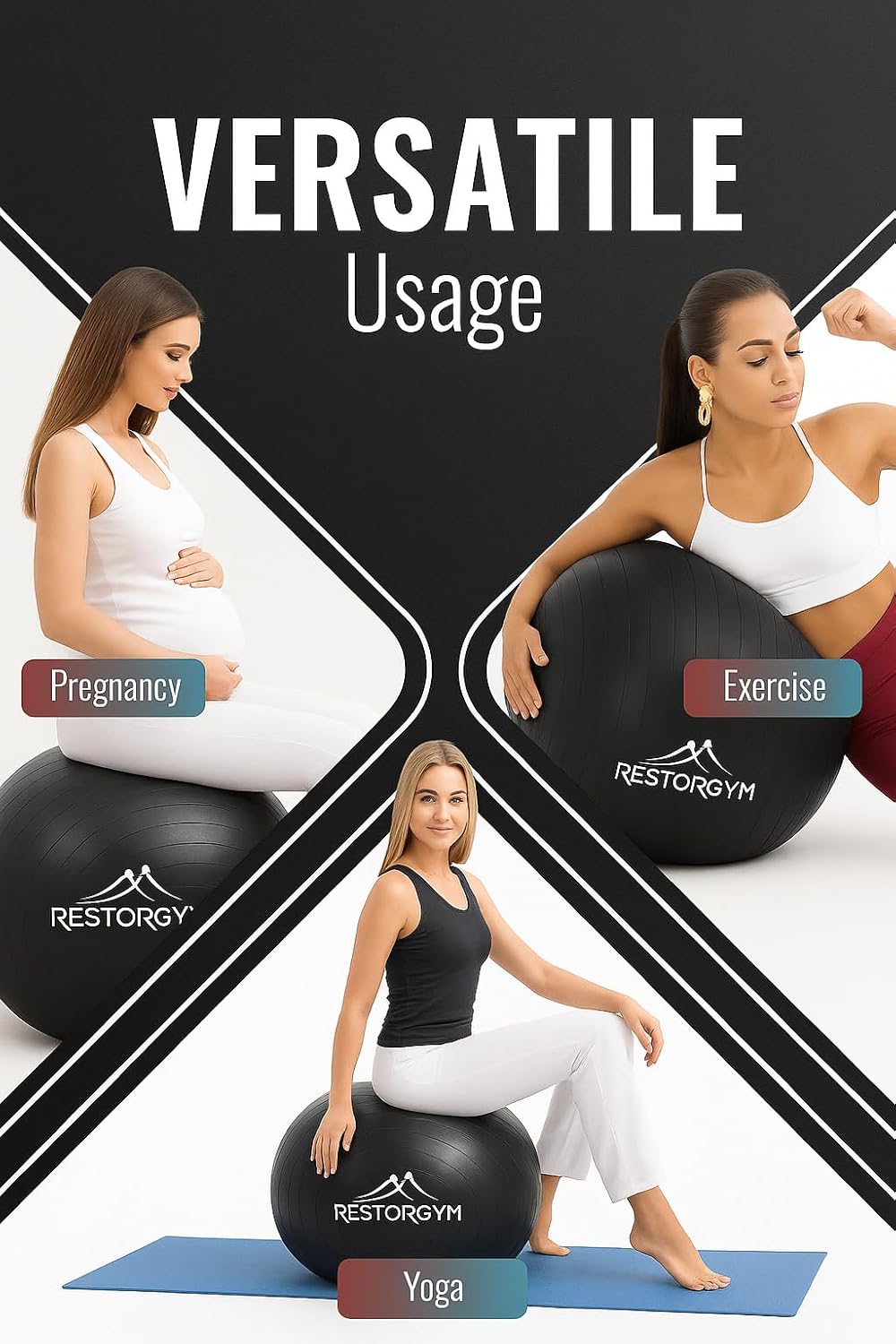 RESTORGYM Yoga Ball 55cm, 65cm, 75 cm & Peanut Ball 45-90 cm Set - Complete Yoga Ball for Pregnancy and Peanut Therapy Ball Bundle for Strength, Flexibility - Fitness Exercise & Balance Ball - Image 7