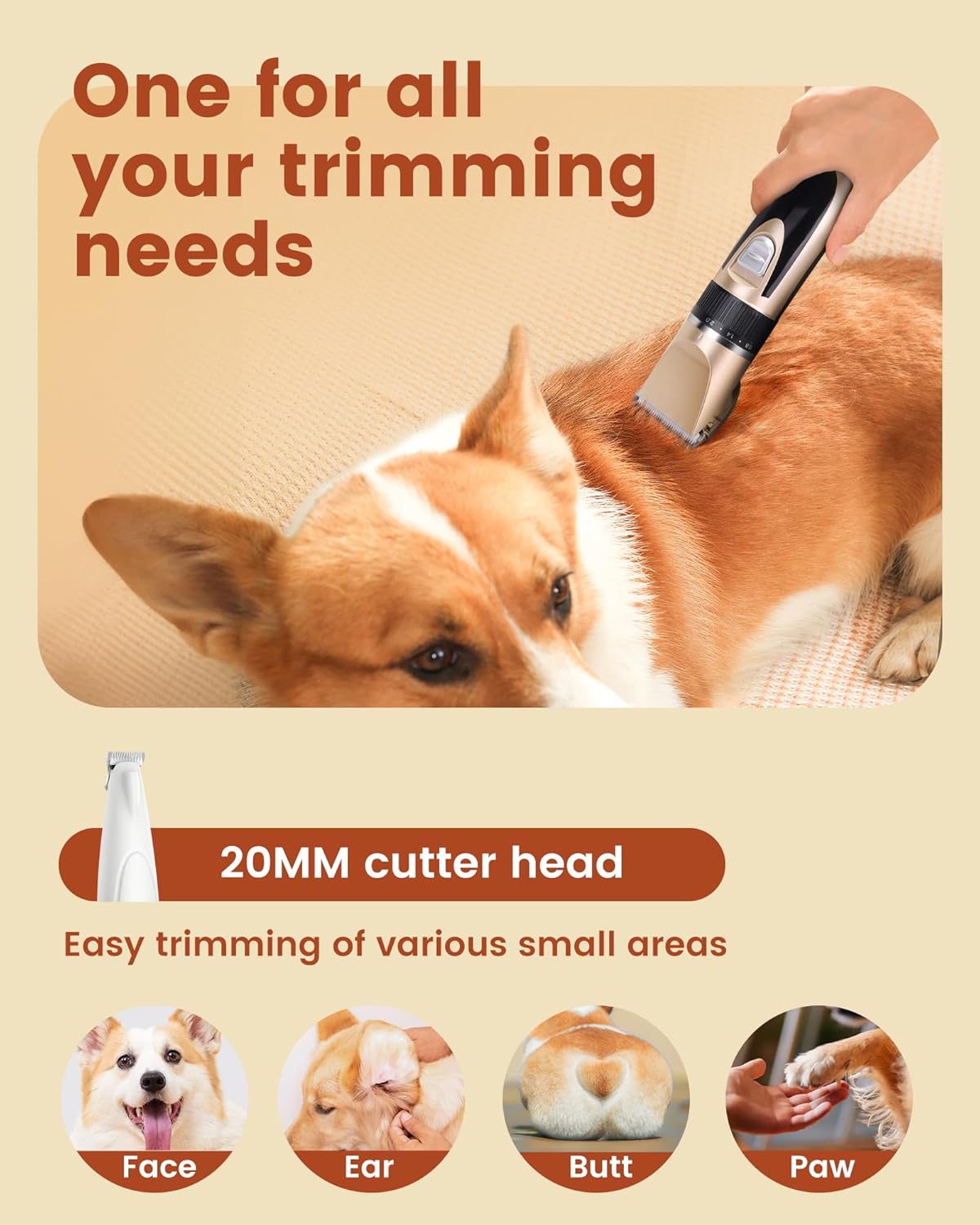 PAPMINI 2 in 1 Dog Grooming Kit, Low Noise Rechargeable Dog Clippers for Grooming, Cordless Pet Hair Clippers and Paw Trimmer, Pet Shavers for Small Dogs Cats Animals (Gold) - Image 4