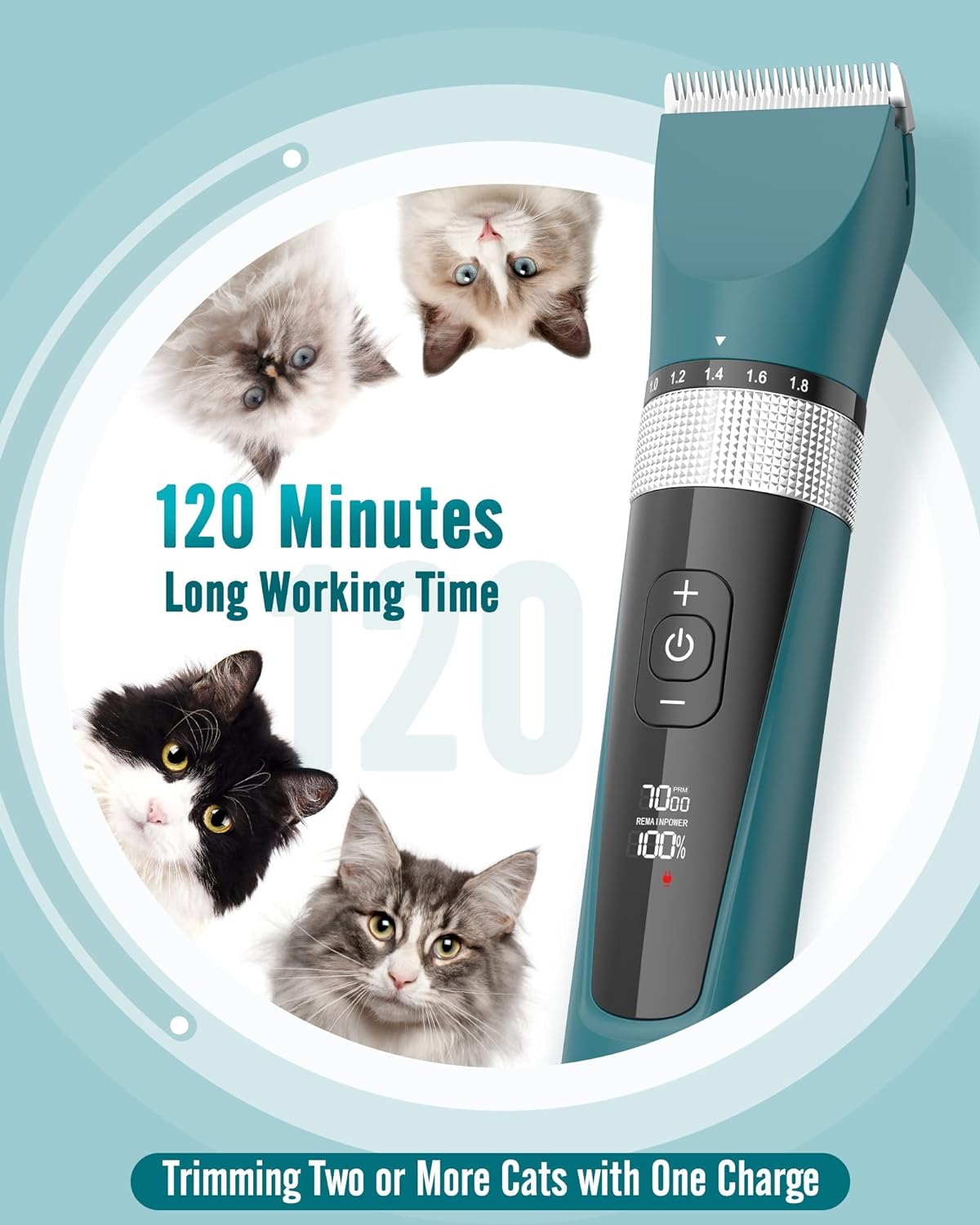 oneisall Cat Grooming Clippers for Matted Long Hair, 5-Speed Cat Grooming Kit Cordless Low Noise Pet Hair Clipper Trimmer Shaver for Dogs Cats Animals (Green) - Image 6