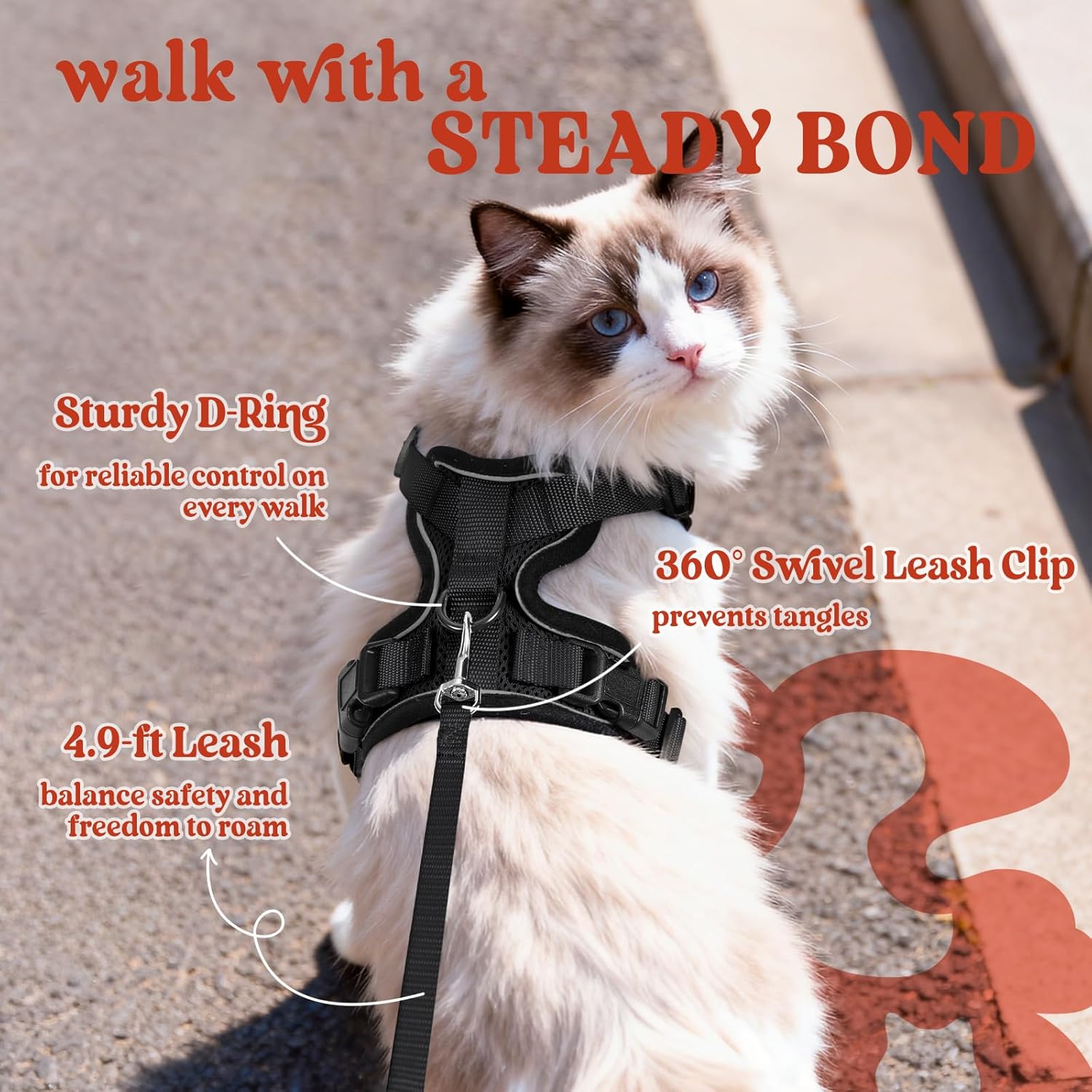 rabbitgoo Cat Harness and Leash for Walking, Escape Proof Soft Adjustable Vest Harnesses for Small Medium Cats, Easy Control Breathable Reflective Strips Jacket, XS, Black - Image 6