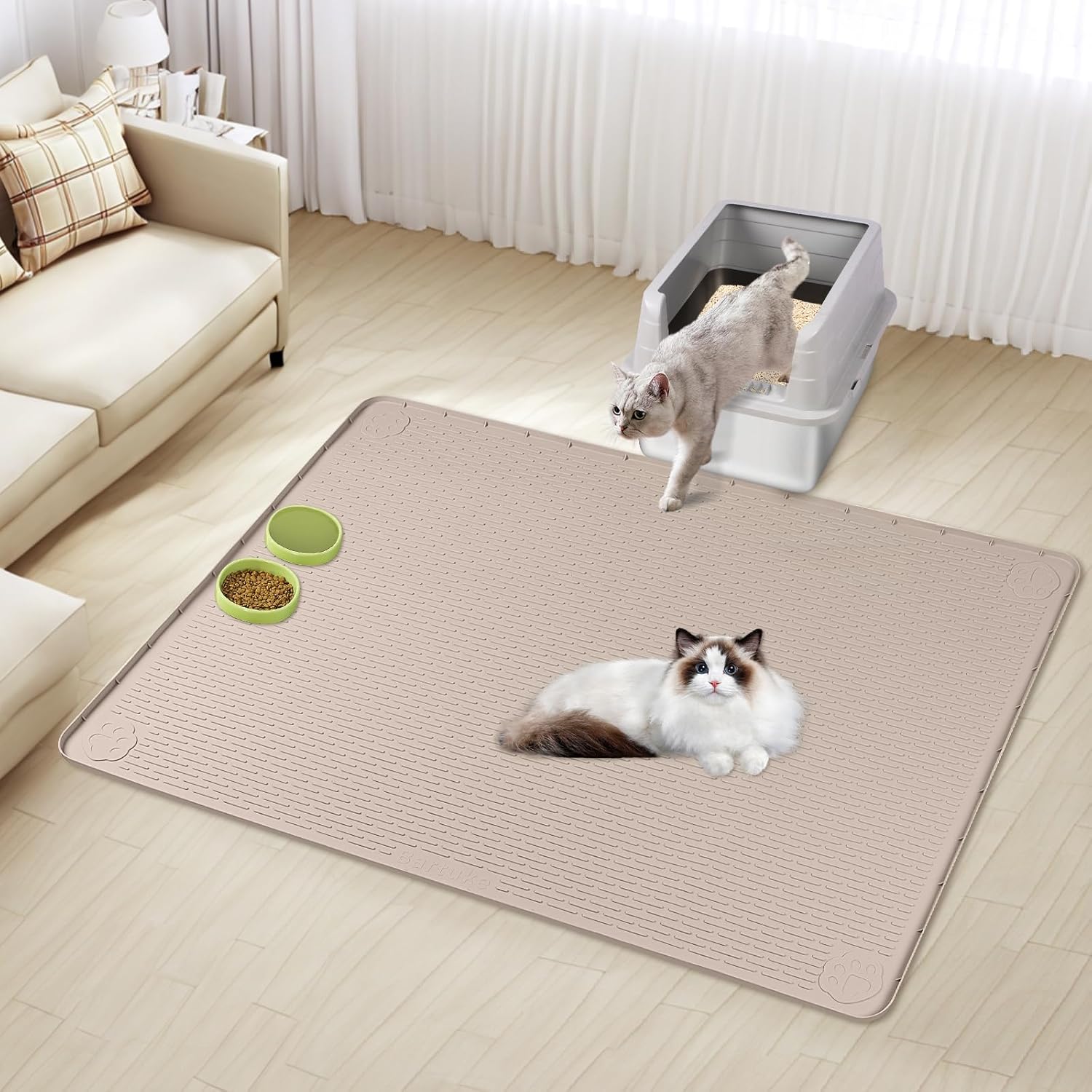 Bartuke Cat Litter Mat, XL Extra Large 101 x 101cm Silicone Mat Litter Trapping Mat for Scatter Control, Soft on Kitty Paws, Easy to Clean (Khaki) - Image 8