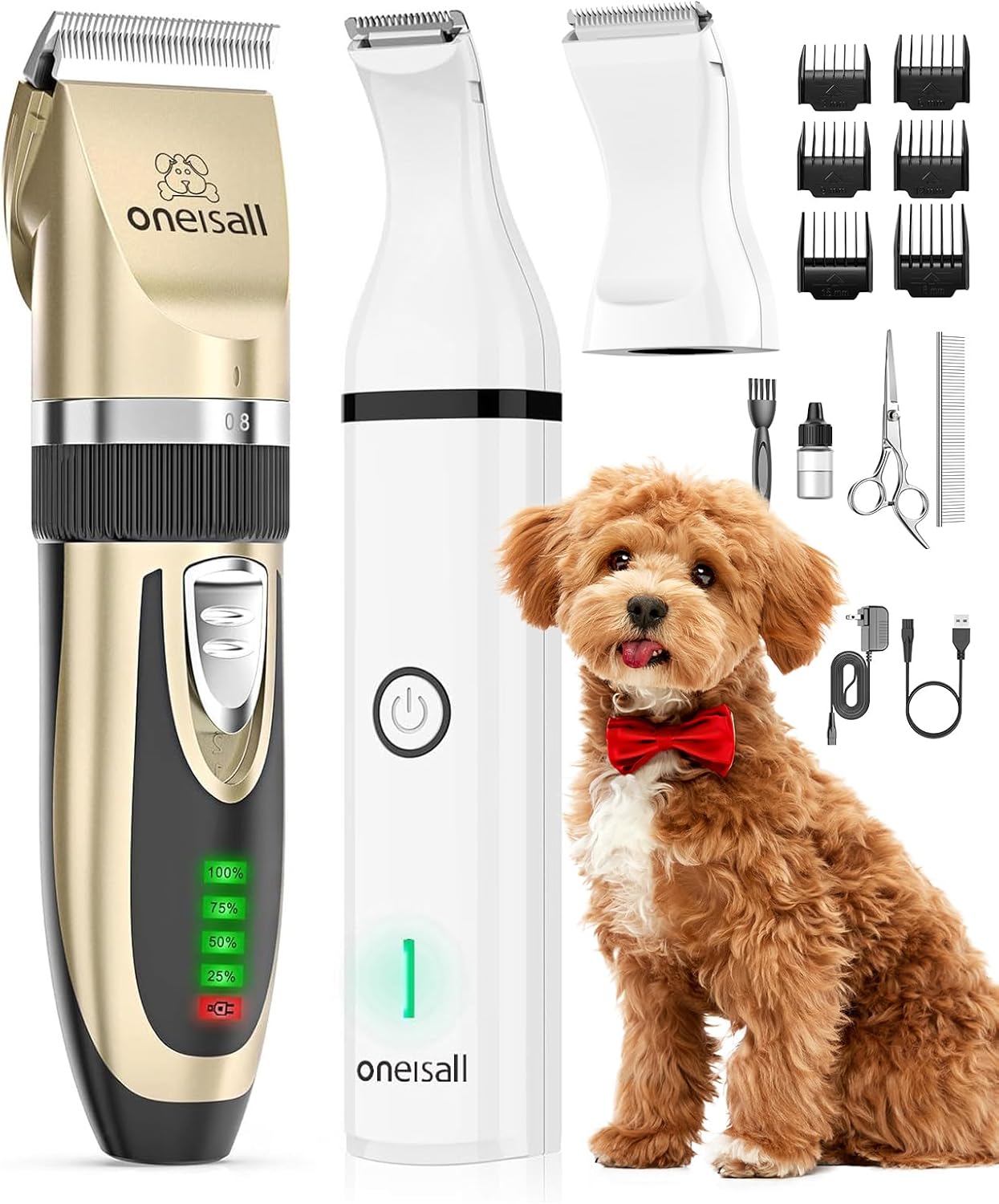 oneisall Dog Clippers and Paw Trimmer Kit 2 in 1 Low Noise Cordless Dog Clippers for Grooming Pet Hair Trimmers for Small and Large Dogs Cats Animals (Gold) - Image 2
