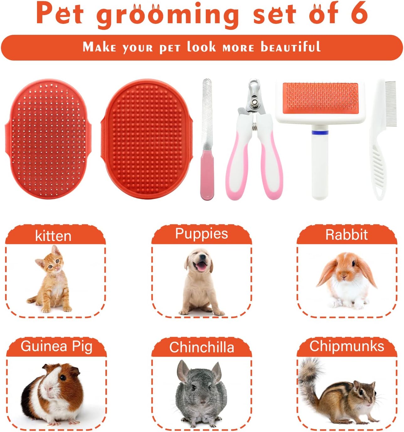 Crafterlife Cat Grooming Kit Set with Pet Shedding Slicker Brush Nail Clipper Trimmer Pet Massage Bath Glove Flea Comb for Bunny Puppy Kitten Guinea Pig Chinchilla Ferret Small Animals (Red, Pink) - Image 4