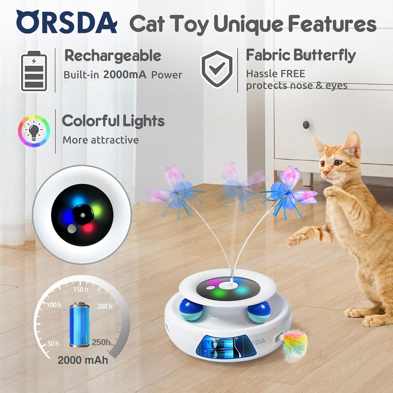 ORSDA Cat Toys Rechargeable, 3 in 1 Automatic Cat Toy, Moving Ambush Feather, Fluttering Butterfly, Track Balls, Whack a mole, with 4 Attachments - Image 7