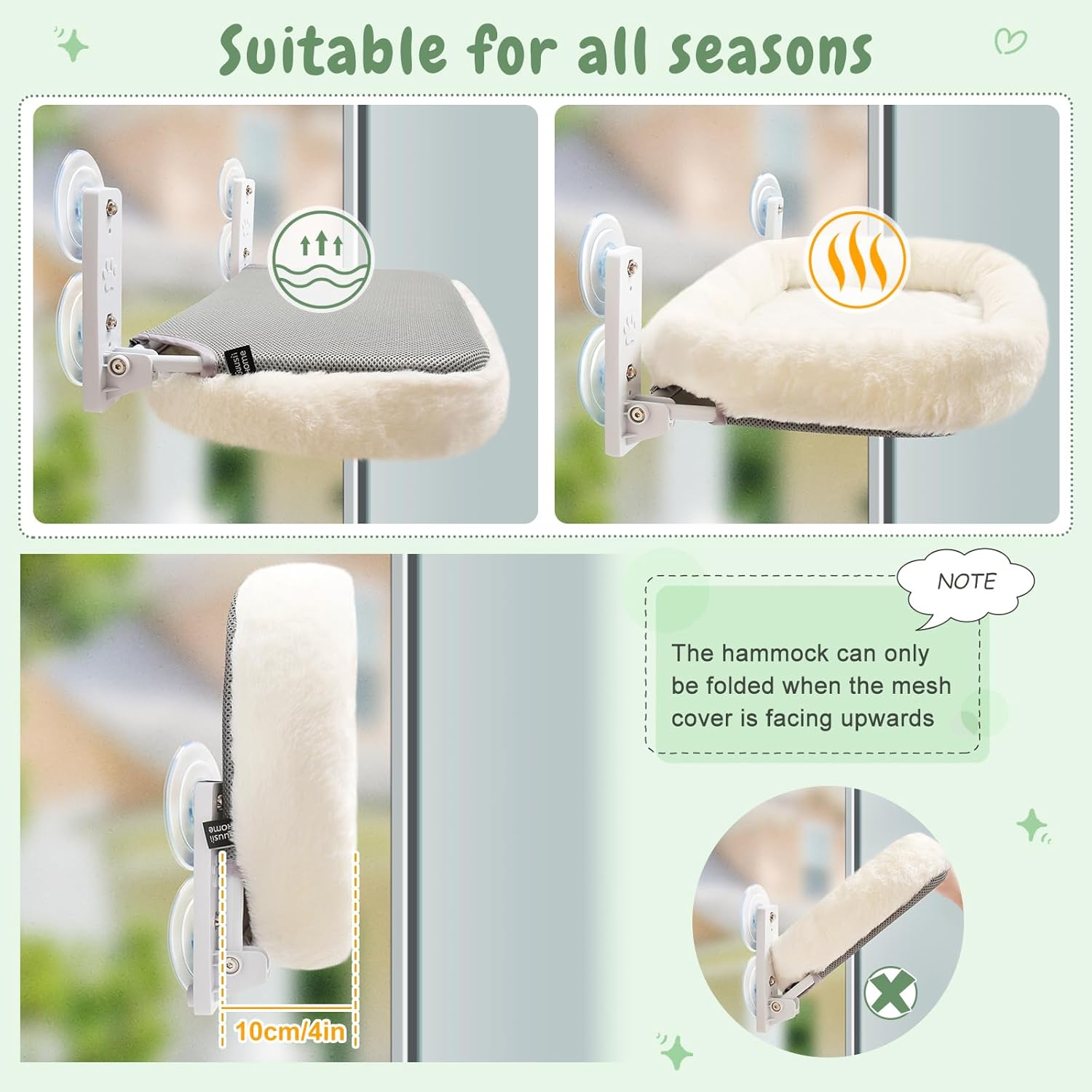 Sunhoo Cat Window Hammock Perch for Large Cats Bed Cordless Kitten Seat Inside with 4 Durable Suction Cups Washable Reversible Cover Easy Assembly 21 * 11.8 in Hold 40lbs Hamac Pour Chat (White, M) - Image 7