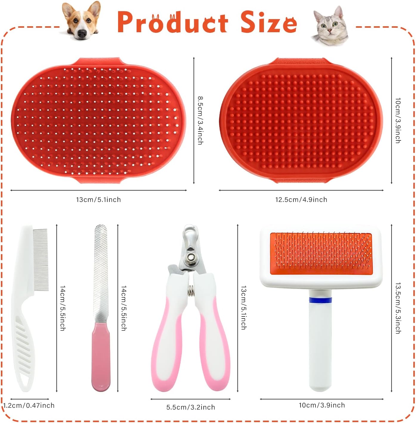 Crafterlife Cat Grooming Kit Set with Pet Shedding Slicker Brush Nail Clipper Trimmer Pet Massage Bath Glove Flea Comb for Bunny Puppy Kitten Guinea Pig Chinchilla Ferret Small Animals (Red, Pink) - Image 3