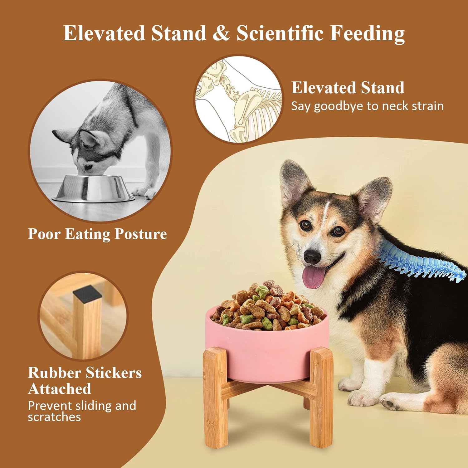 White Ceramic Elevated Raised Dog Bowls - Dog Food Dish with Stand - Double Raised Dog Food and Water Bowls Anti Vomiting - Pet Bowl with Anti Slip Rubber pad - Stress Free for Medium Dogs -Set of 2 - Image 4