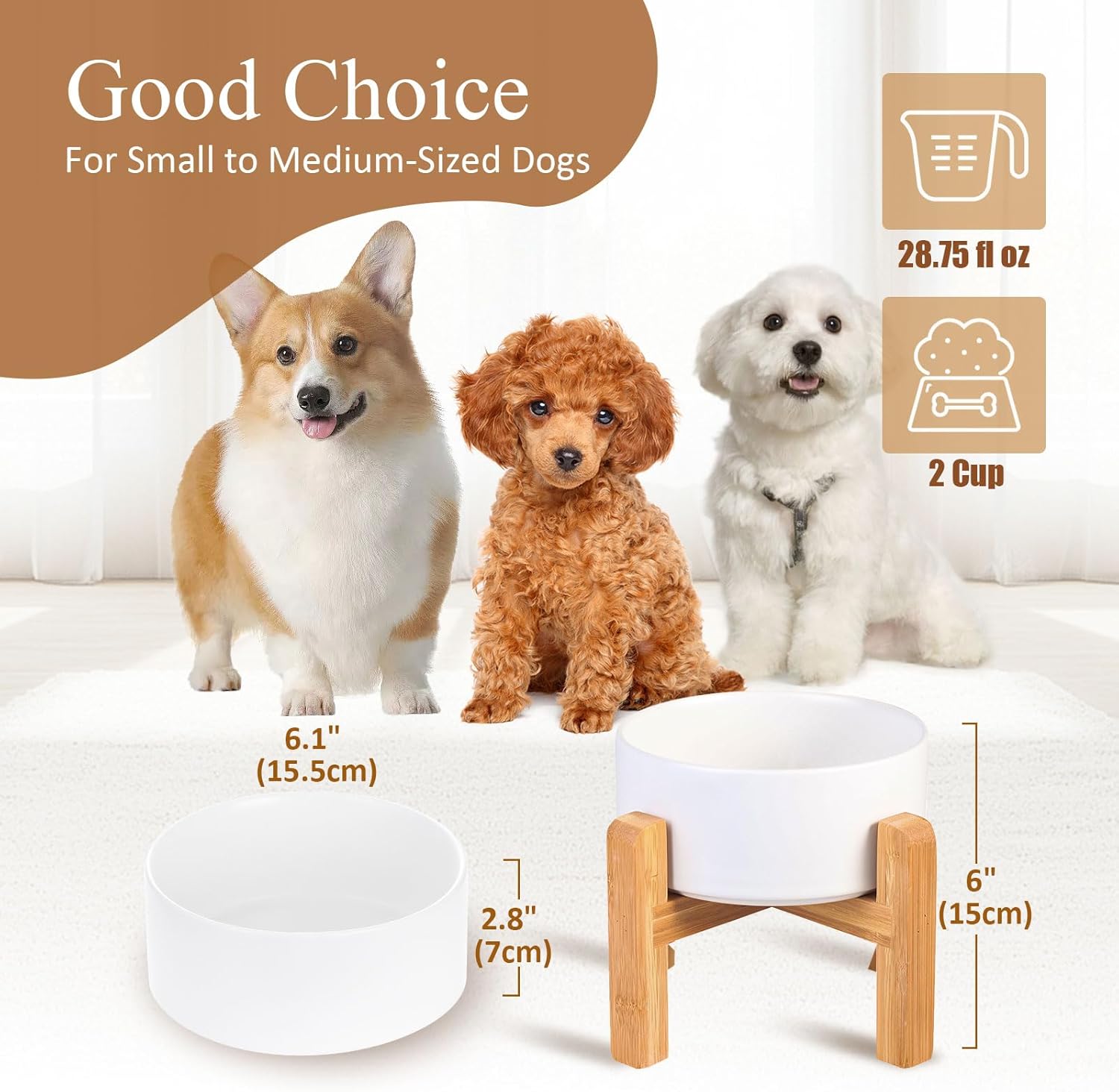 White Ceramic Elevated Raised Dog Bowls - Dog Food Dish with Stand - Double Raised Dog Food and Water Bowls Anti Vomiting - Pet Bowl with Anti Slip Rubber pad - Stress Free for Medium Dogs -Set of 2 - Image 3