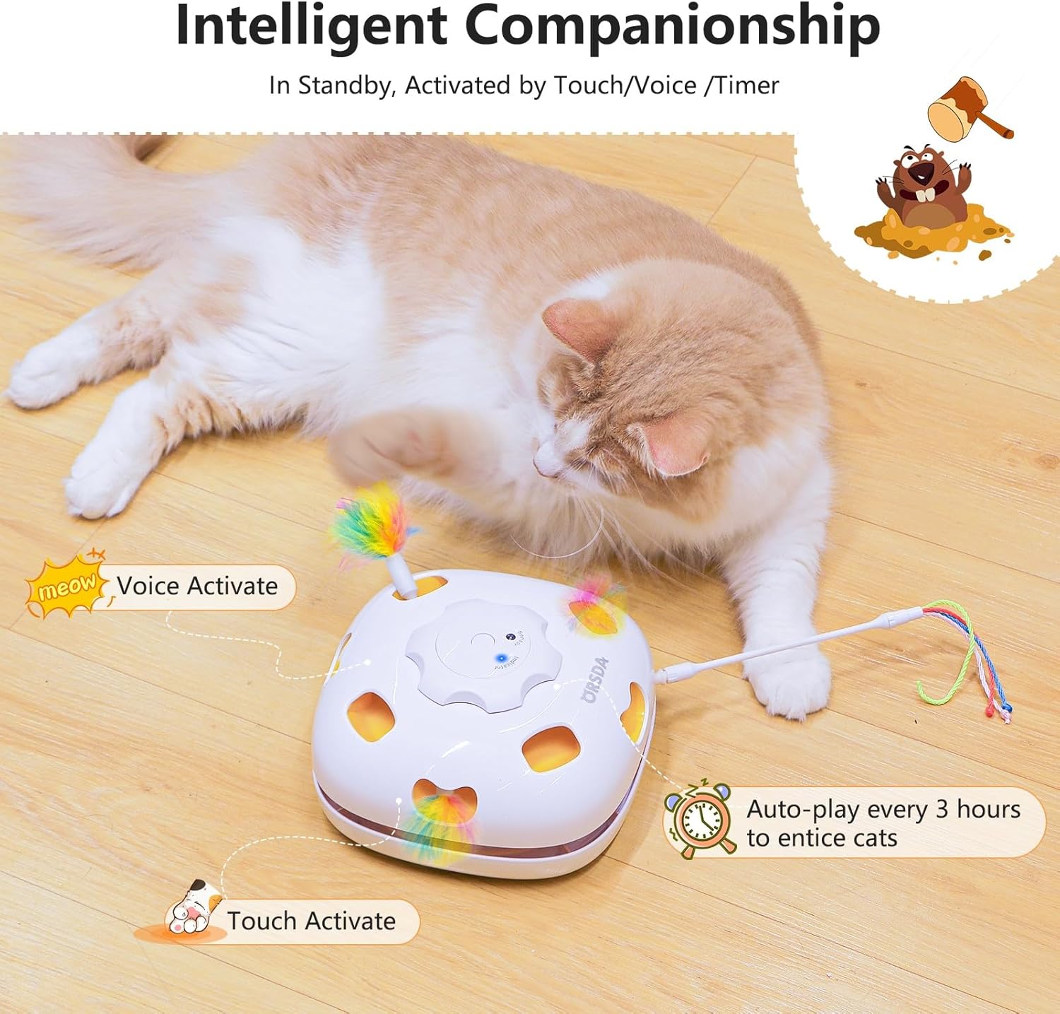 ORSDA Cat Toys Rechargeable, 4 in 1 Interactive Cat Toy, Hide and Seek, Whack a Mole, Magic Wand, Chasing Feather, with 4 Replacements - Image 4