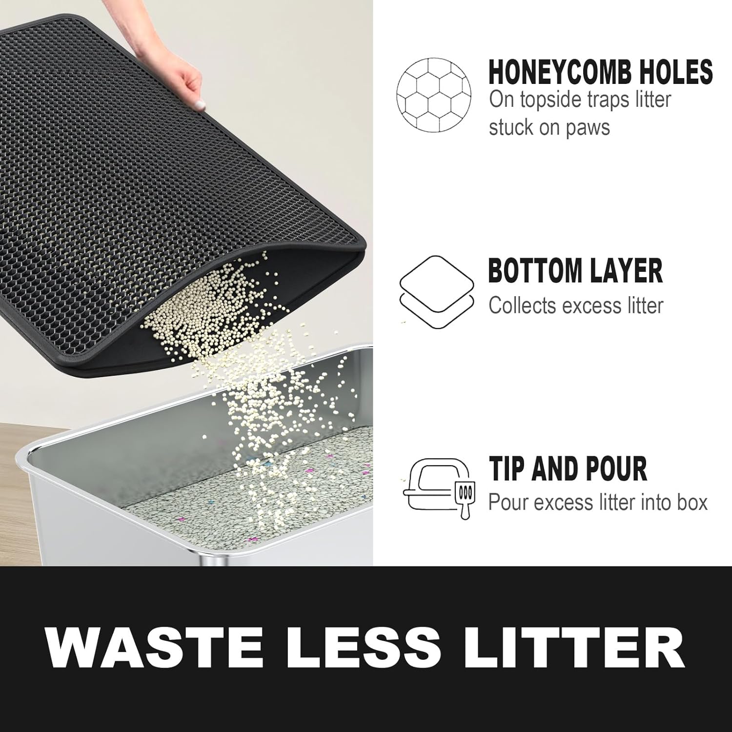 ZuHucpts Large Cat Litter Mat Trapper -90 x 61 cm1 Pack Honeycomb Double Layer Litter Mat -Traps Messes, Easy Clean and Durable, Non Toxic Trapper Rug Suitable for Litter Tray (Black) - Image 6