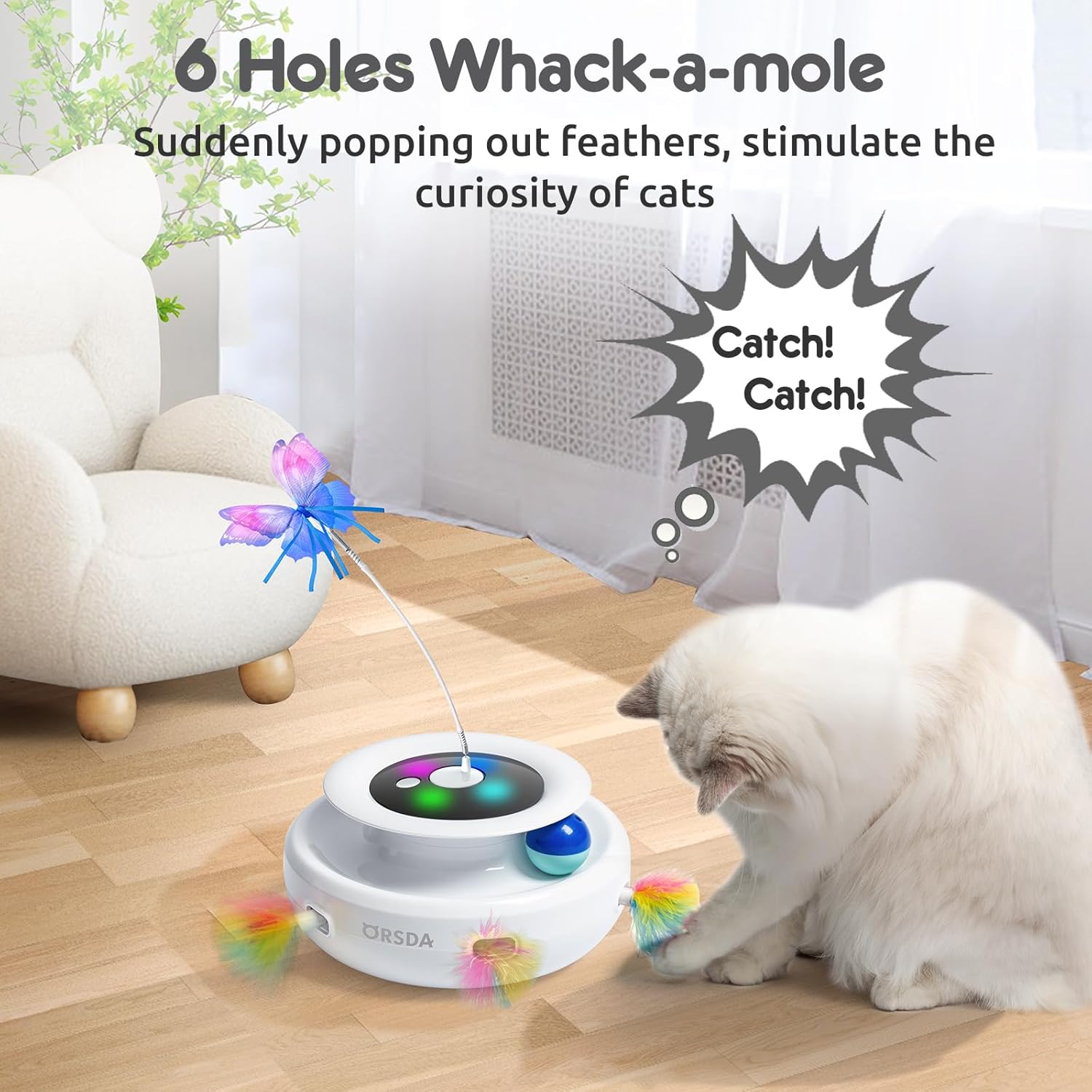 ORSDA Cat Toys Rechargeable, 3 in 1 Automatic Cat Toy, Moving Ambush Feather, Fluttering Butterfly, Track Balls, Whack a mole, with 4 Attachments - Image 4