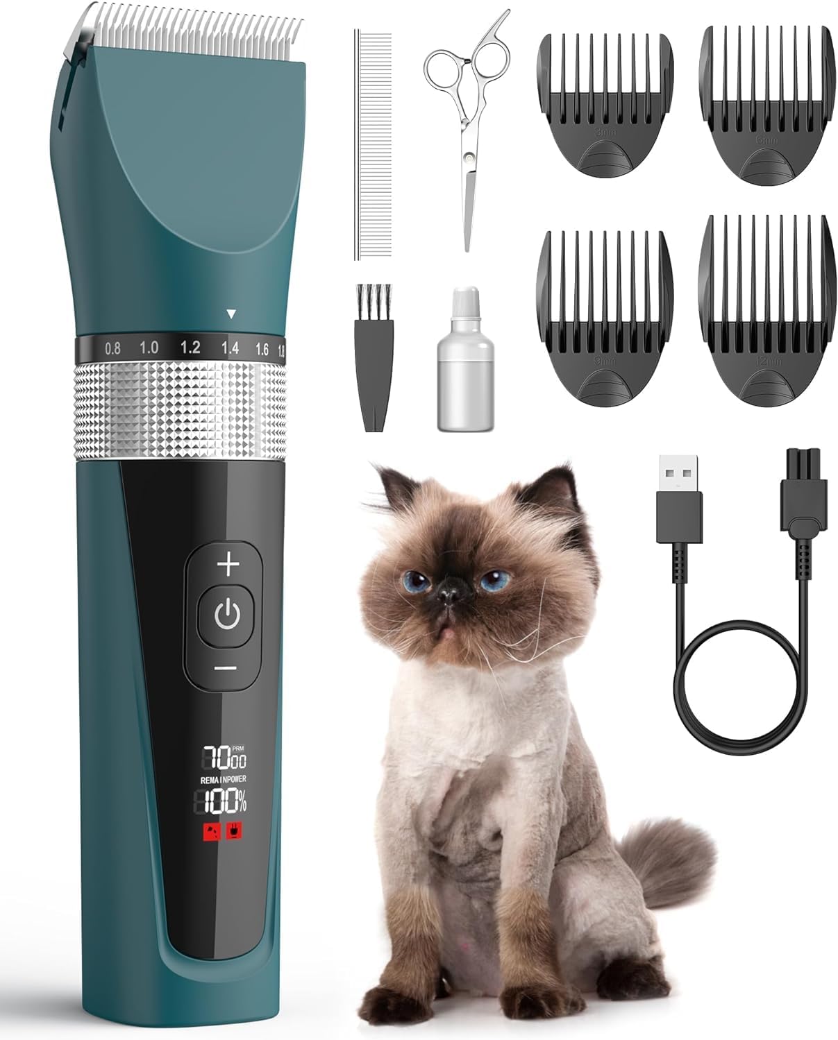 oneisall Cat Grooming Clippers for Matted Long Hair, 5-Speed Cat Grooming Kit Cordless Low Noise Pet Hair Clipper Trimmer Shaver for Dogs Cats Animals (Green) - Image 2