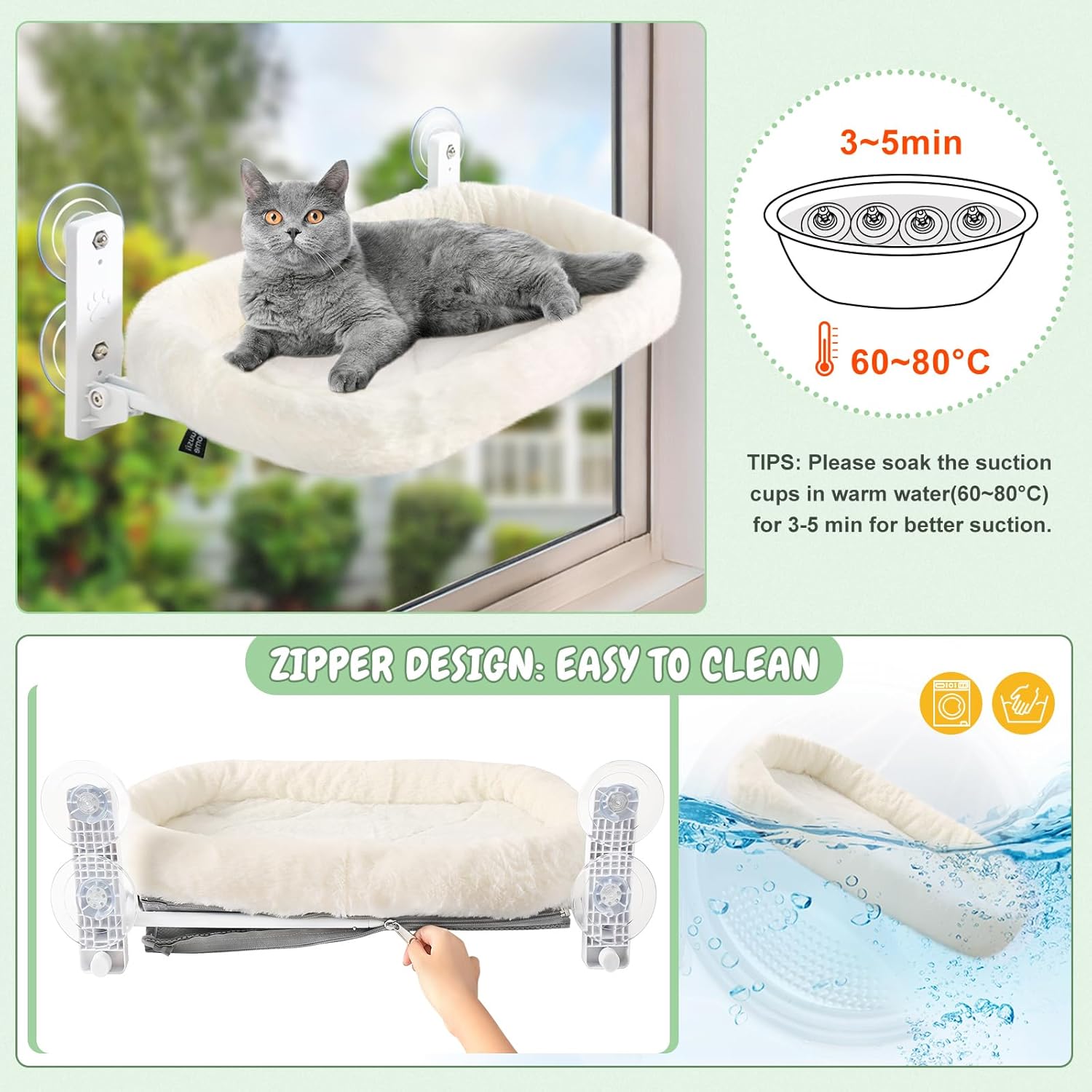 Sunhoo Cat Window Hammock Perch for Large Cats Bed Cordless Kitten Seat Inside with 4 Durable Suction Cups Washable Reversible Cover Easy Assembly 21 * 11.8 in Hold 40lbs Hamac Pour Chat (White, M) - Image 5