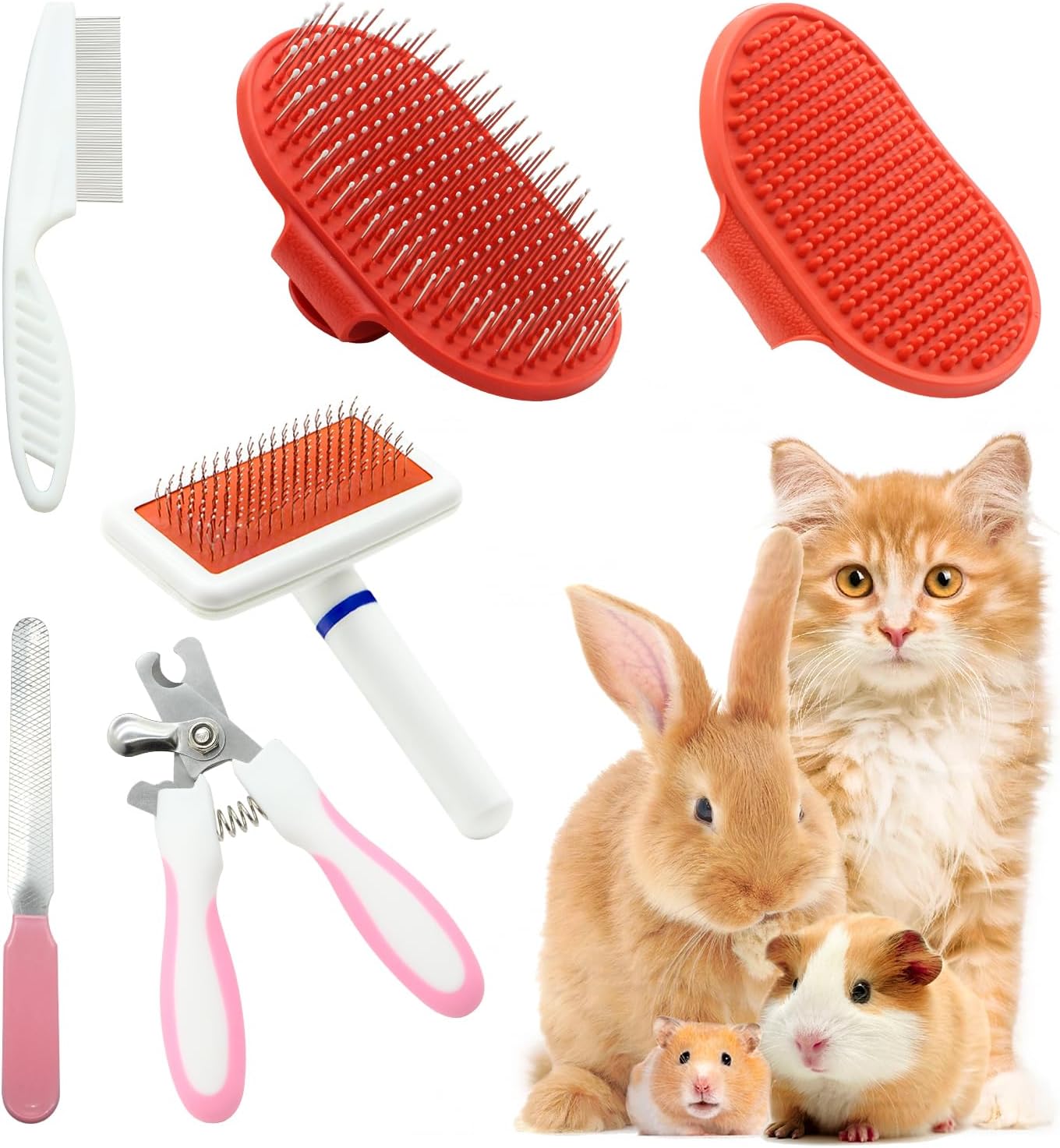 Crafterlife Cat Grooming Kit Set with Pet Shedding Slicker Brush Nail Clipper Trimmer Pet Massage Bath Glove Flea Comb for Bunny Puppy Kitten Guinea Pig Chinchilla Ferret Small Animals (Red, Pink) - Image 2