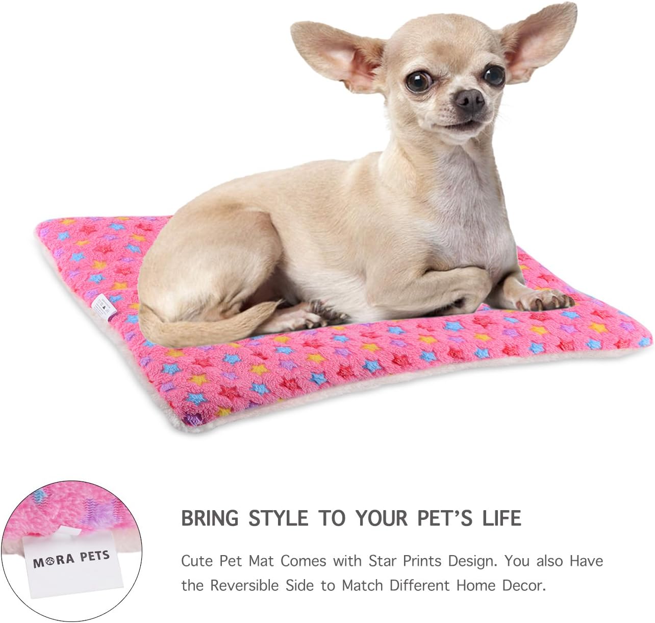 Mora Pets Dog Bed Crate Pad Ultra Soft Pet Bed with Cute Star Print Washable Crate Mat for Large Medium Small Dogs Reversible Fleece Dog Crate Kennel Mat Cat Bed Liner 21 x 12 inch Pink - Image 7