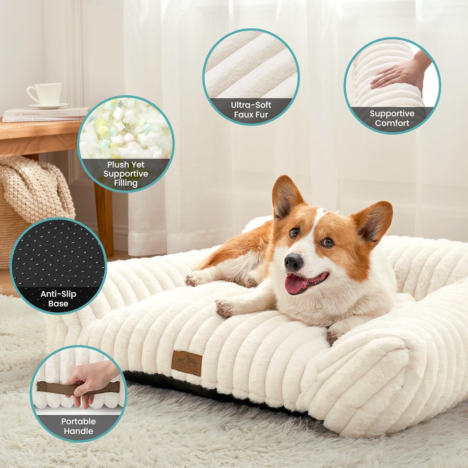 COZY KISS Cat Beds for Indoor Cats, Fluffy Cat Couch and Premium Faux Rabbit Fur Sofa Bed for Cats and Small Dogs, Ultra-Soft Supportive Pet Couch Furniture, 65x45 cm (Cream, Small) - Image 5