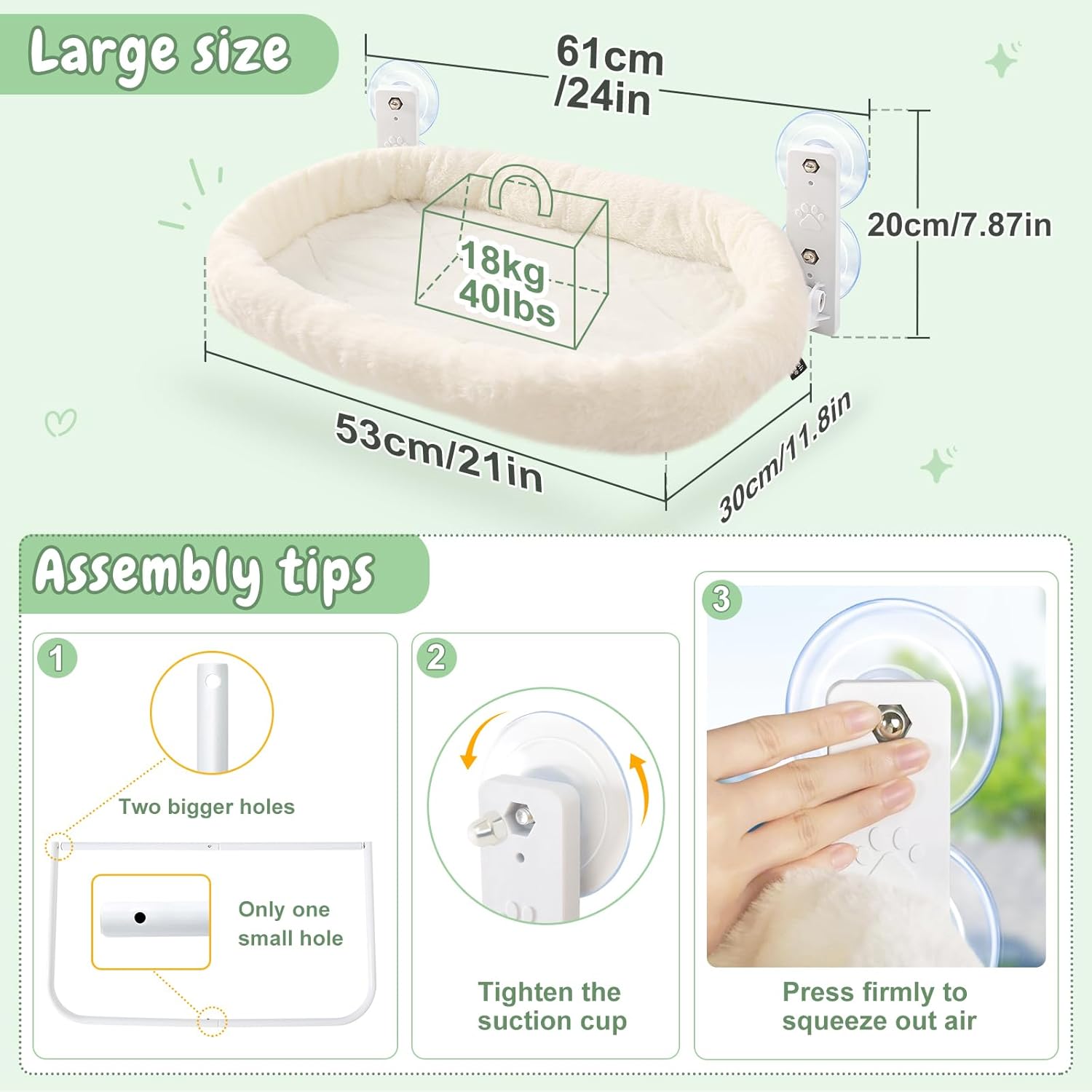 Sunhoo Cat Window Hammock Perch for Large Cats Bed Cordless Kitten Seat Inside with 4 Durable Suction Cups Washable Reversible Cover Easy Assembly 21 * 11.8 in Hold 40lbs Hamac Pour Chat (White, M) - Image 6