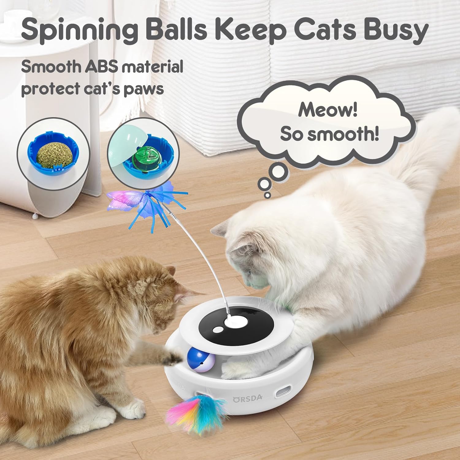 ORSDA Cat Toys Rechargeable, 3 in 1 Automatic Cat Toy, Moving Ambush Feather, Fluttering Butterfly, Track Balls, Whack a mole, with 4 Attachments - Image 5