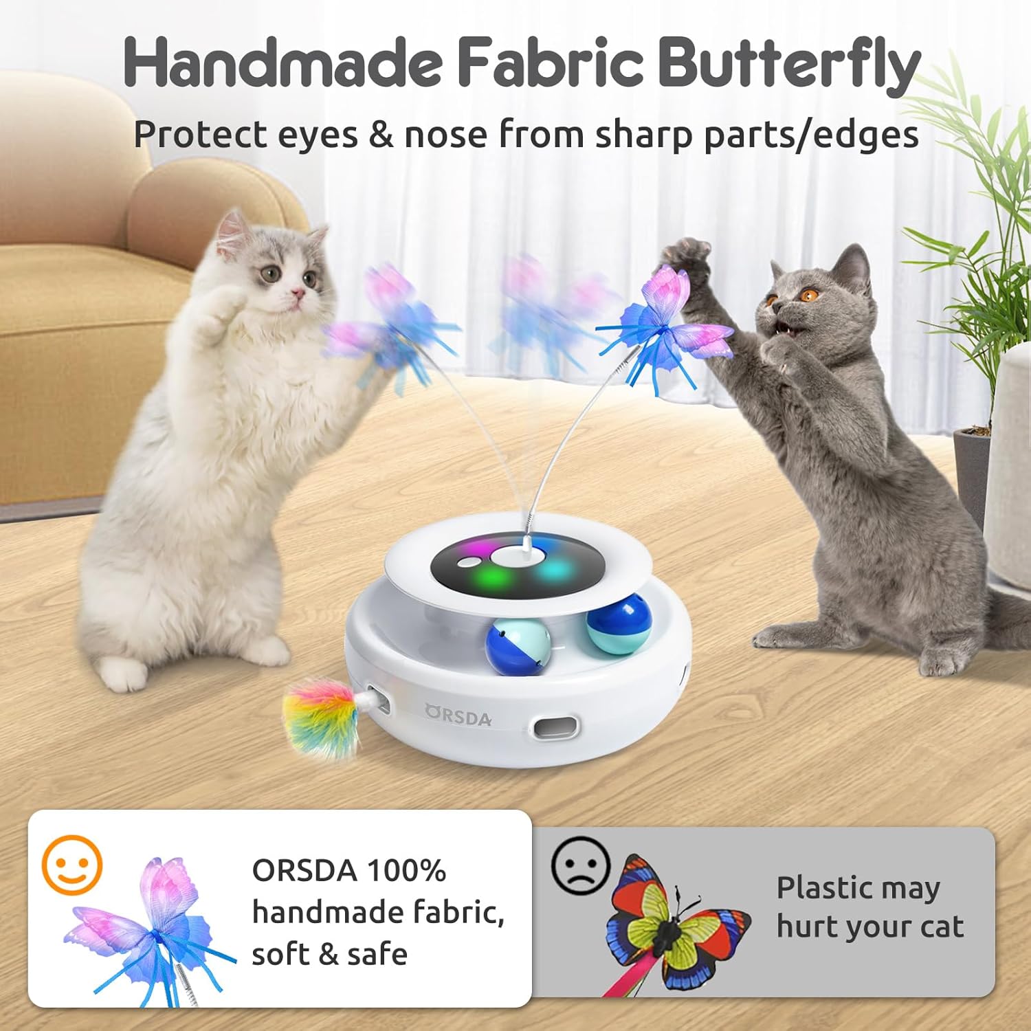 ORSDA Cat Toys Rechargeable, 3 in 1 Automatic Cat Toy, Moving Ambush Feather, Fluttering Butterfly, Track Balls, Whack a mole, with 4 Attachments - Image 6