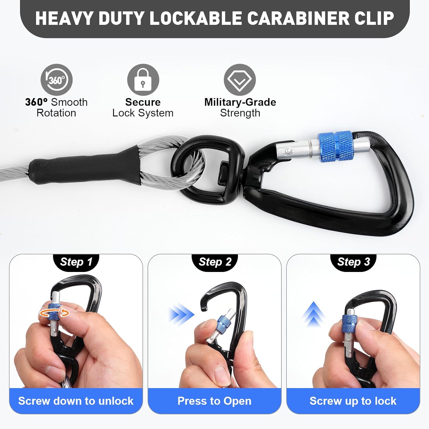 Dog Tie Out Cable 10FT, Tangle-Free Runner with 360° Swivels & Locking Clip for Large Dogs Up to 250LBS - Heavy Duty Chew Proof Leash for Yard, Camping, Outside (Silver 10FT) - Image 4