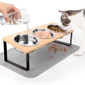Elevated Cat Bowls with Non Slip Mat, 15° Tilted Raised Anti Vomit Cat Feeder for Food and Water, Pet Feeding Station with 3 Stainless Steel Bowls