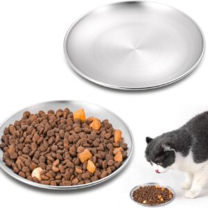 2 Pcs Stainless Steel Cat Bowls, 6.52 inches Shallow Cat Food & Water Dishes, Whisker Fatigue Relief Wide Flat Cats Feeding Plates, Metal Dishes with Non-Slip Pads for Indoor Cats Small Animals
