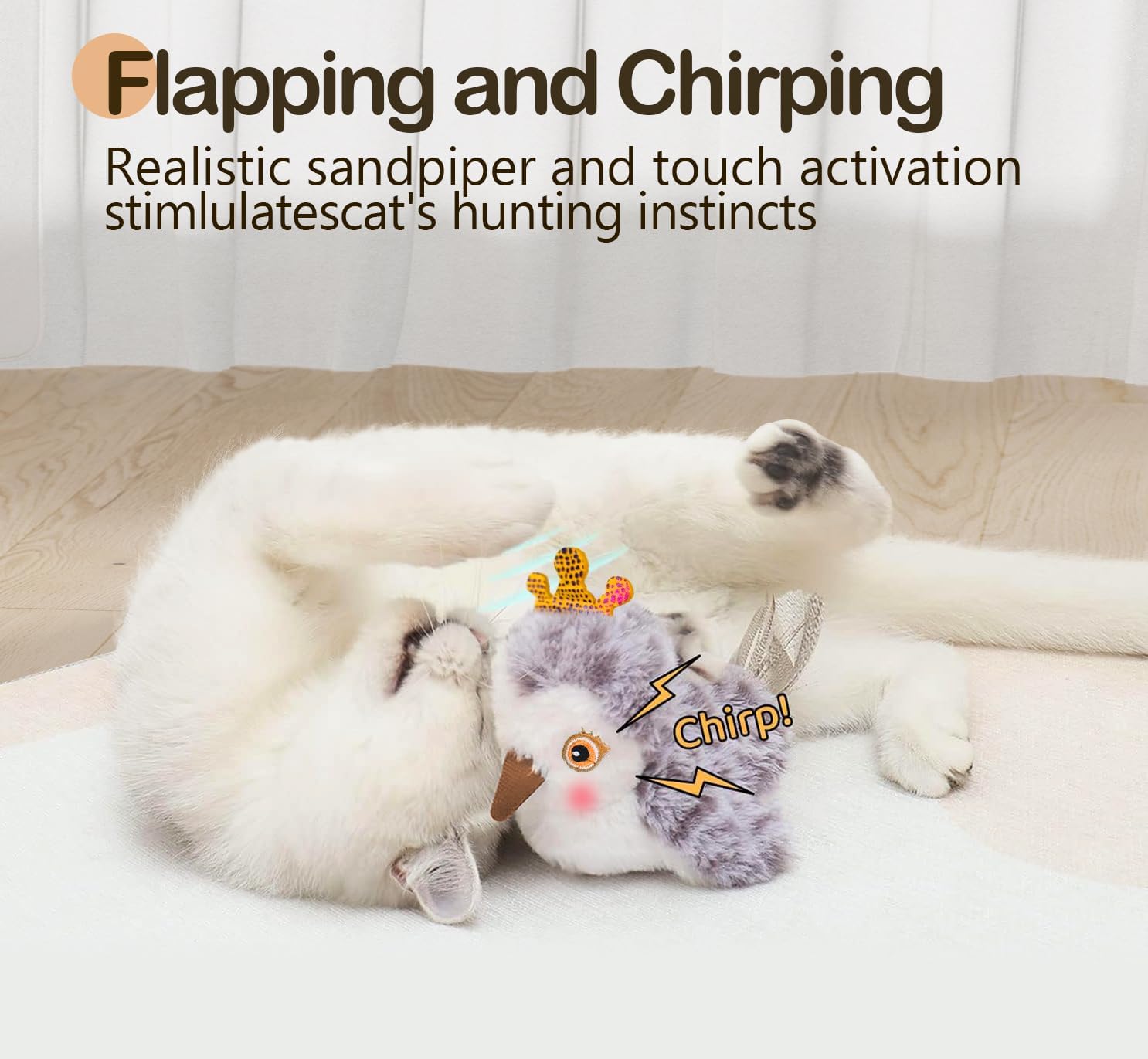 Migipaws Flapping Bird, Lifelike Sandpiper Chirping,Touch Activated KittenToy,Interactive Cat Toy for All Breeds Cat Kicker,Catnip Toys,Rechargeable… - Image 3