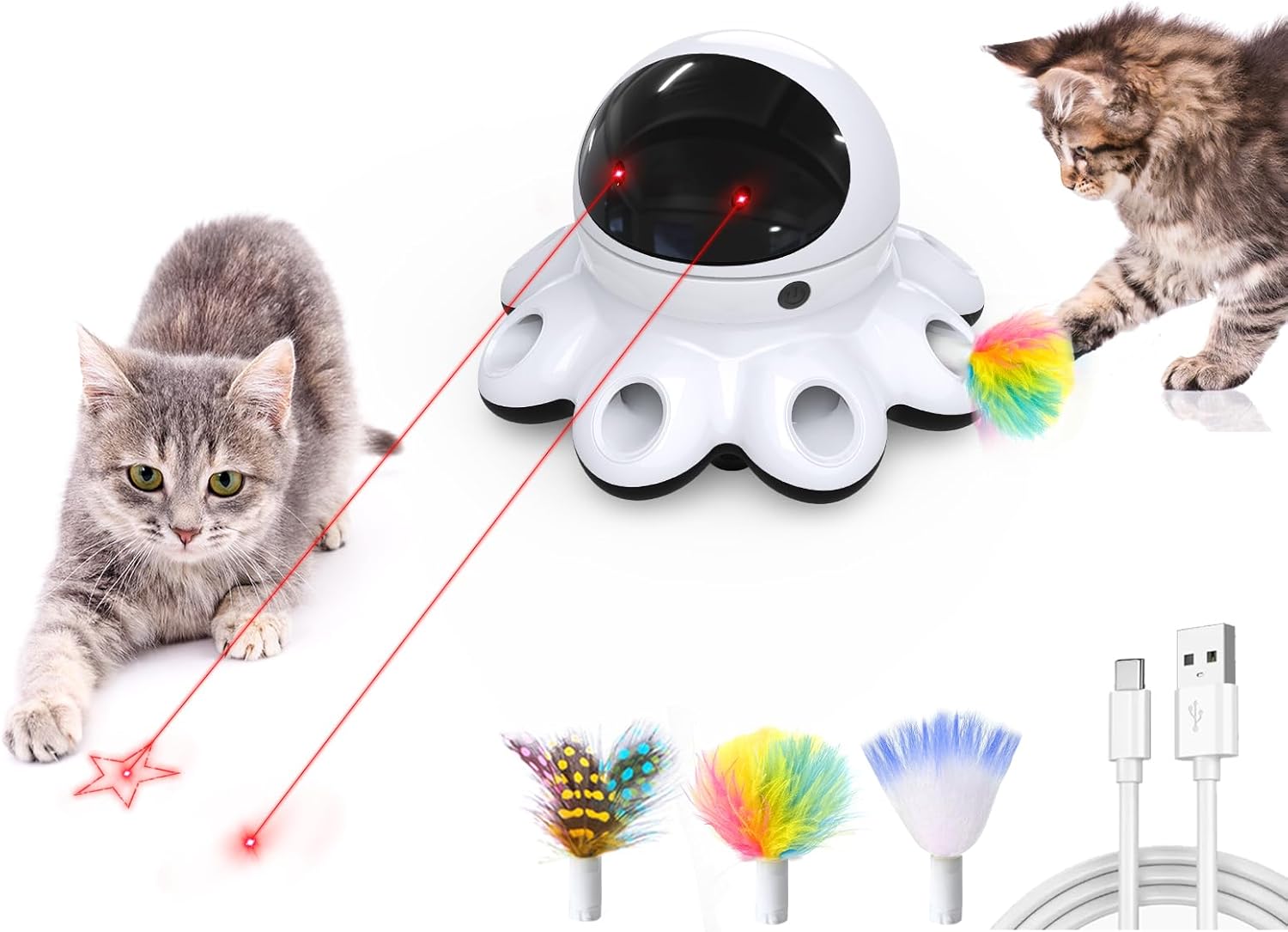 ORSDA Cat Laser Toy, 2 in 1 Automatic Cat Toys, 8 Holes Mice Whack A Mole Moving Feather, USB Rechargeable, Suitable for All Breeds - Image 2