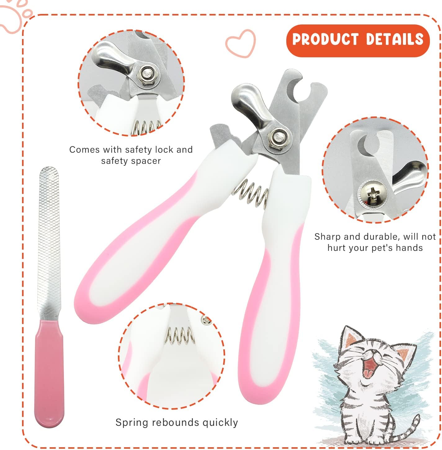 Crafterlife Cat Grooming Kit Set with Pet Shedding Slicker Brush Nail Clipper Trimmer Pet Massage Bath Glove Flea Comb for Bunny Puppy Kitten Guinea Pig Chinchilla Ferret Small Animals (Red, Pink) - Image 7