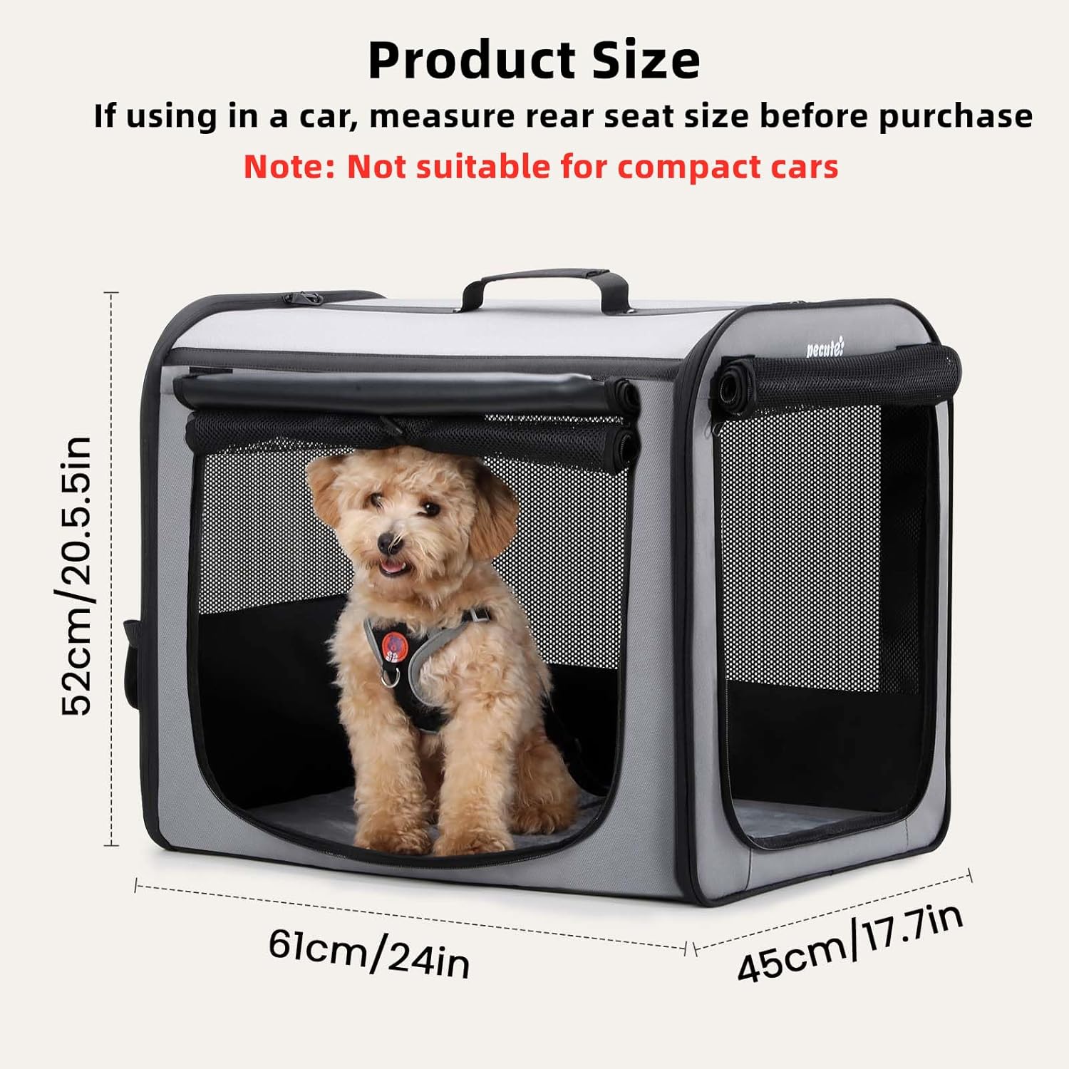 Pecute Collapsible Dog Crate for Pets<15kg, Pet Carrier Stable and Light Weight, Soft Dog Crate with Breathable Windows, Portable Dog Carrier with Curtain 61×45×52 cm (Gray) - Image 3
