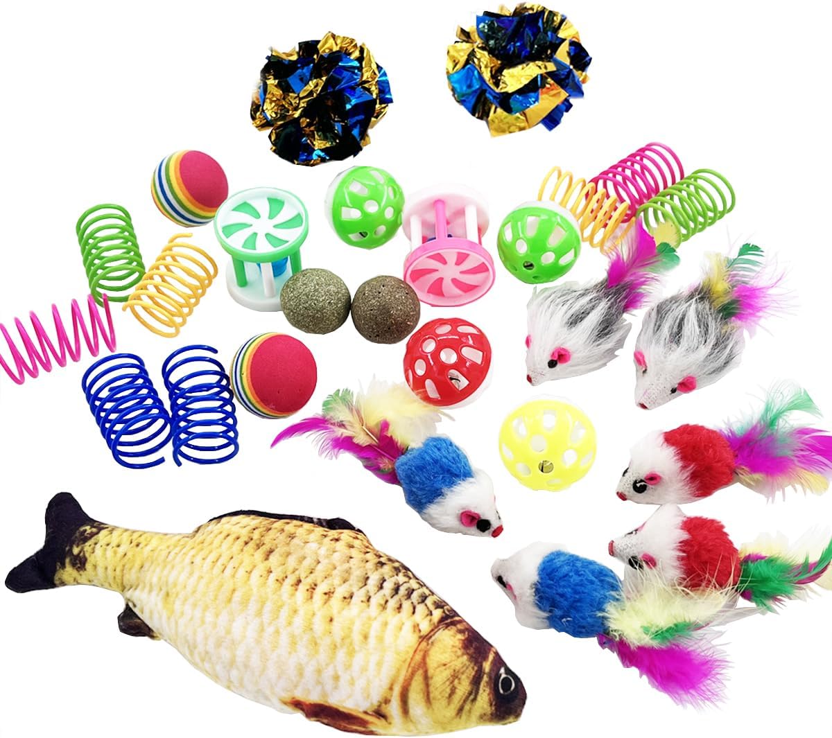 QUVOVID Cat Toys 27 Packs Combo Set, Cat Catnip Fish and Ball Toy, Cat Bell Balls Crinkle Balls, Cat Spring Toys, Plush Mices Attract Cats to Swat, Bite, Hunt, Interactive Toys - Image 2