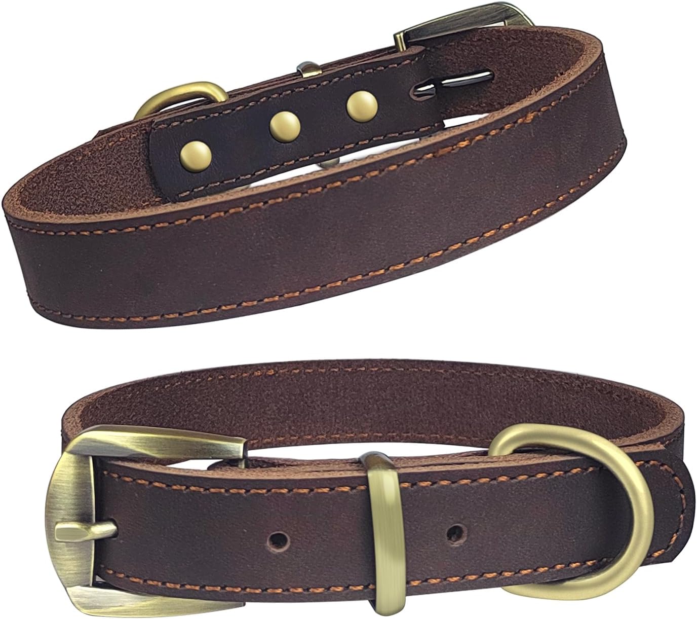 QRDA Brown Leather Dog Collar with Durable Brass Hardware Buckle and D Ring Adjustable Pet Collar for Small/Medium Dogs - Image 2