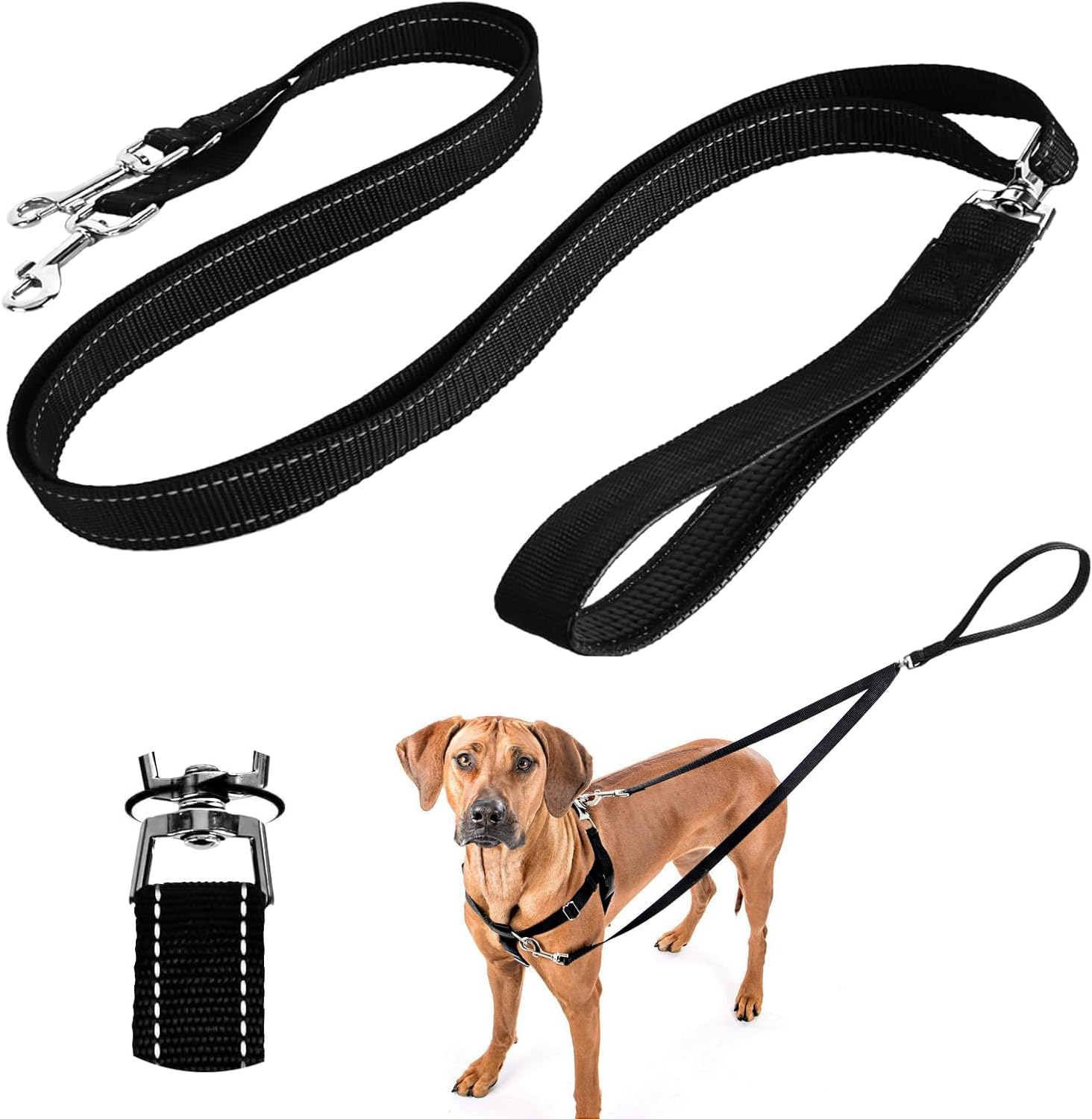 SevenFish Anti-Pull Dog Leash, No Tangle Adjustable Dog Lead with Soft Double Padded Handle, Heavy Duty Reflective Dog Leash for Large Medium Dogs Training and Walking, Black - Image 2