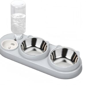 Marchul 3 in 1 Cat Bowl, Cat Food and Water Bowl Set with Water Dispenser and Stainless Steel Bowls, 15° Tilted Pet Raised Three Bowls for Indoor Cats, Small or Medium Sized Dogs