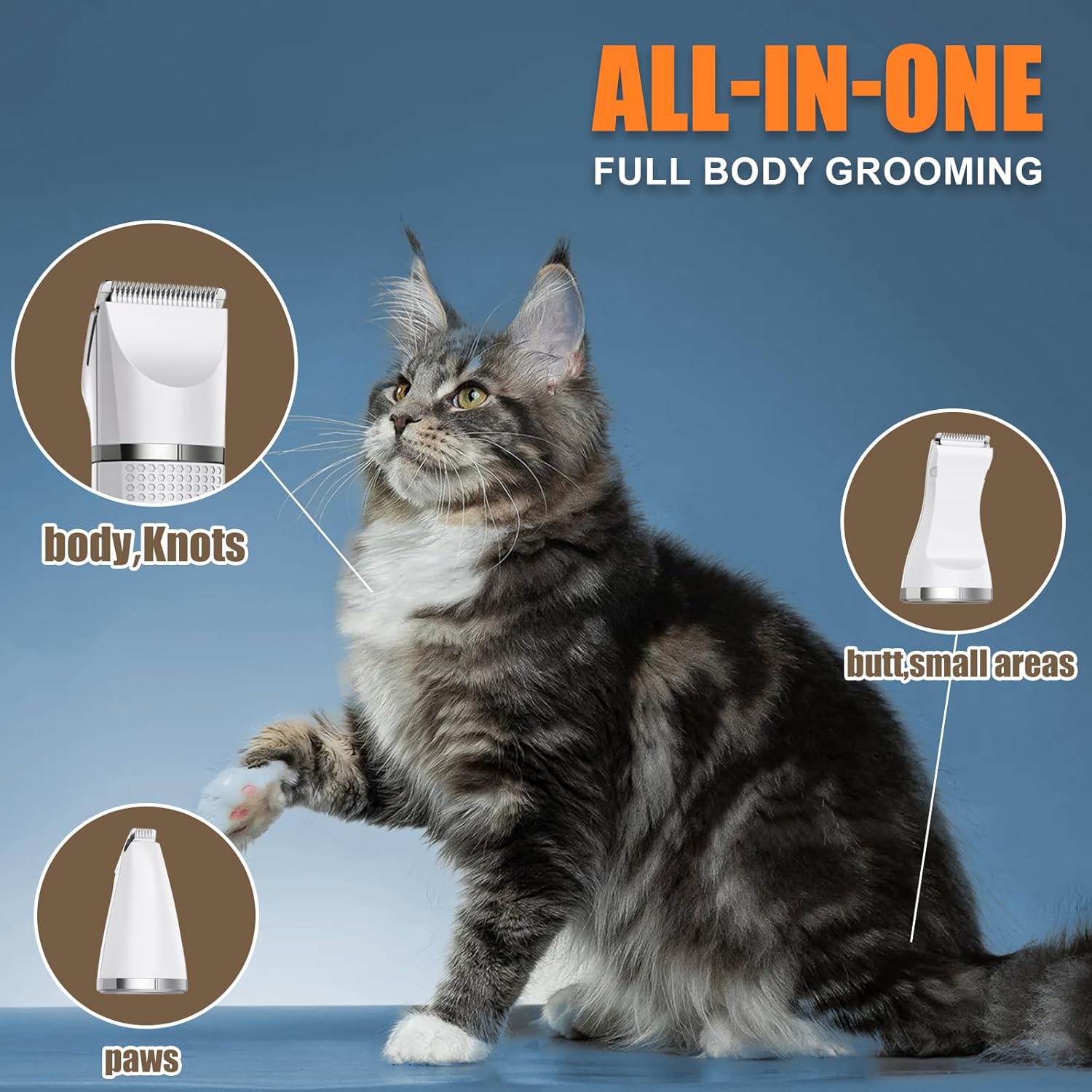 Bautrium Cat Grooming Clippers Kit with Paw Trimmer, 3 in 1 Electric Pet Hair Shaver Supplies for Thick Matted Hair, Heavy Coat Butt Cat Fur Razor for Dogs at Home - Image 3