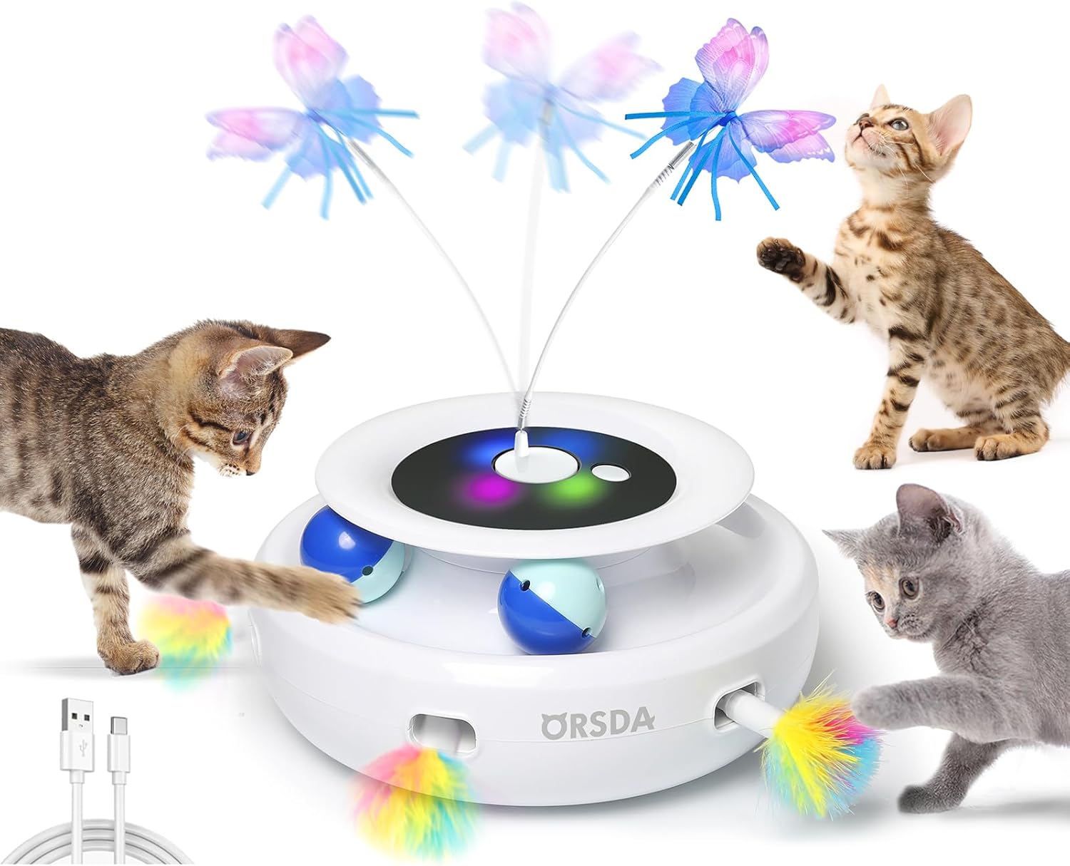 ORSDA Cat Toys Rechargeable, 3 in 1 Automatic Cat Toy, Moving Ambush Feather, Fluttering Butterfly, Track Balls, Whack a mole, with 4 Attachments - Image 2
